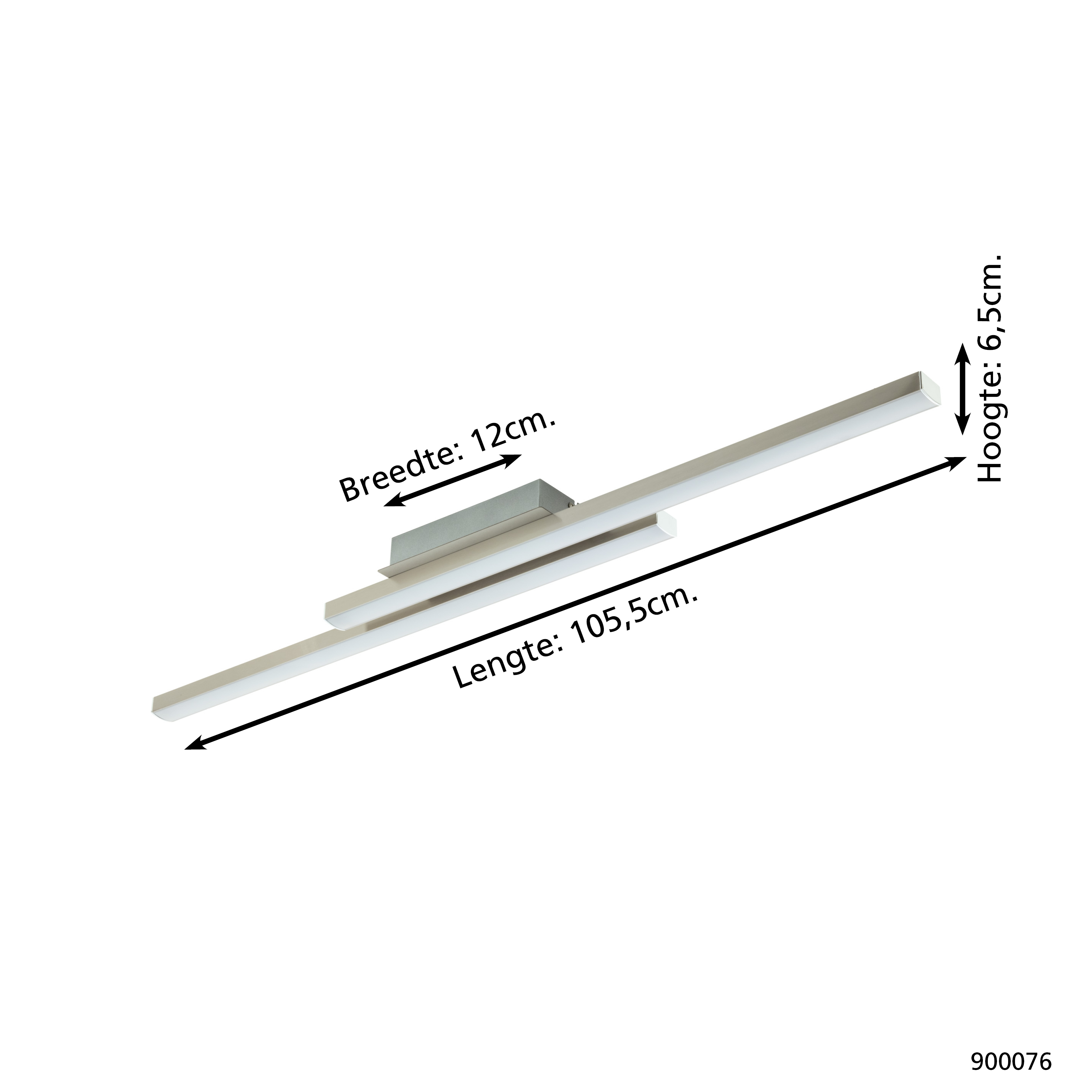 Eine weiße LED-Deckenleuchte mit Maßangaben. Sie hat einen rechteckigen Sockel und zwei lange, parallele Lichtleisten.