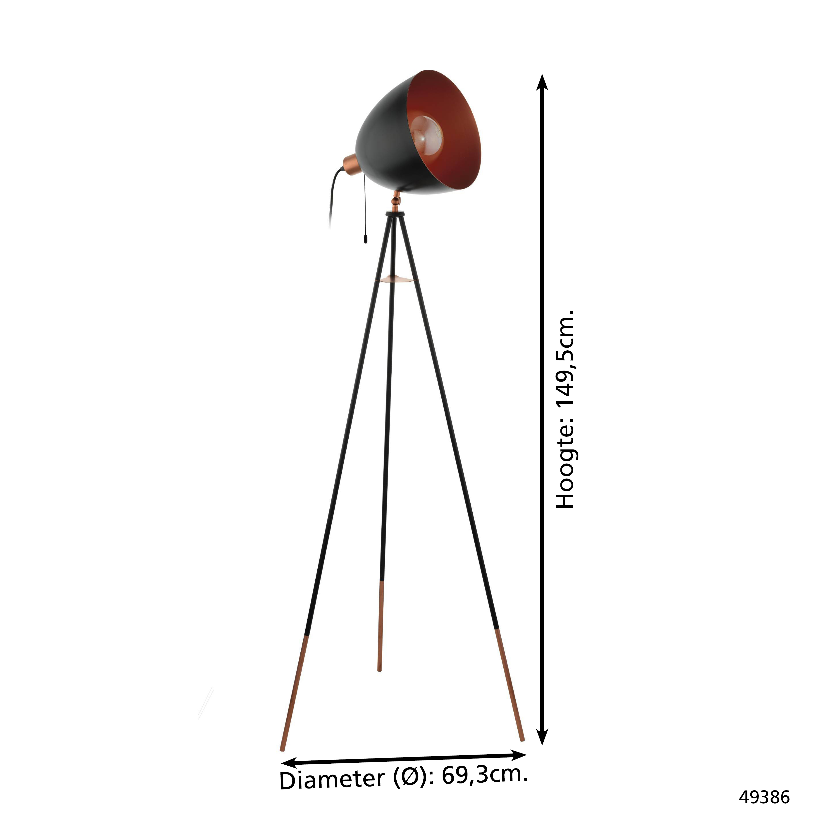 Una lampada da terra a treppiede nera e rame. Ha un paralume nero e un interno ramato. Le gambe sono nere con punte di rame.