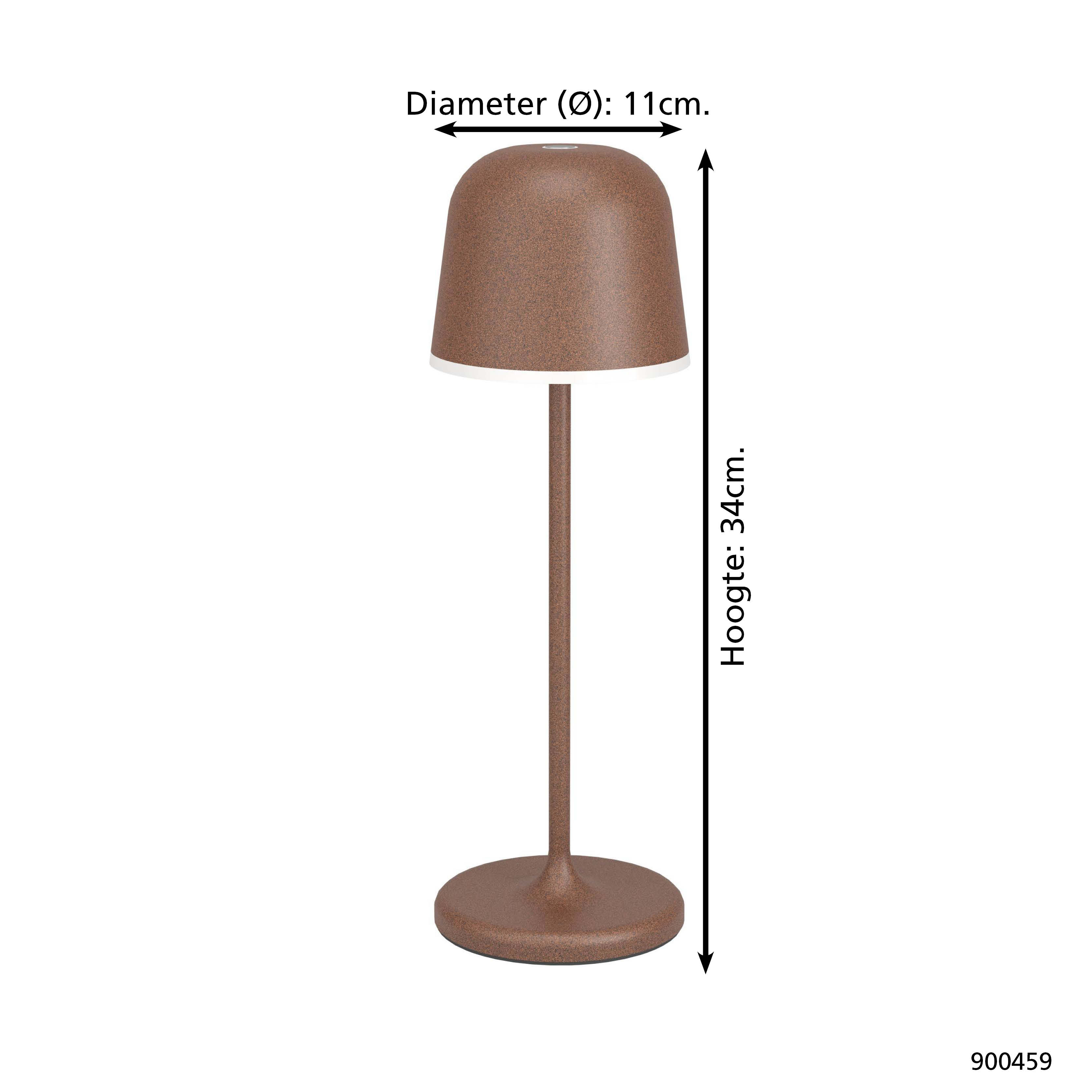 Eine braune Tischlampe mit rundem Schirm und rundem Fuß. Sie ist 34 cm hoch und der Schirm hat 11 cm Durchmesser.