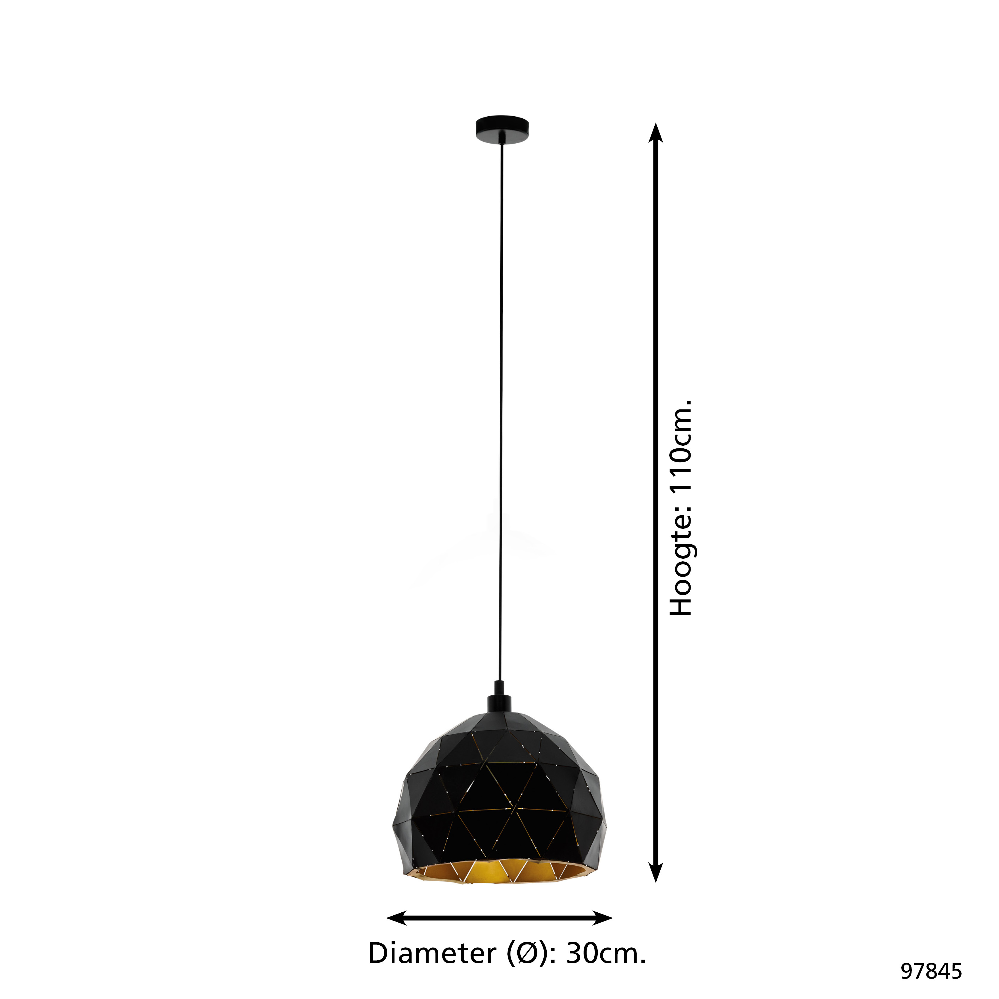 Lámpara colgante geométrica negra con interior dorado. Mide 110 cm de alto y 30 cm de diámetro. Fondo blanco.