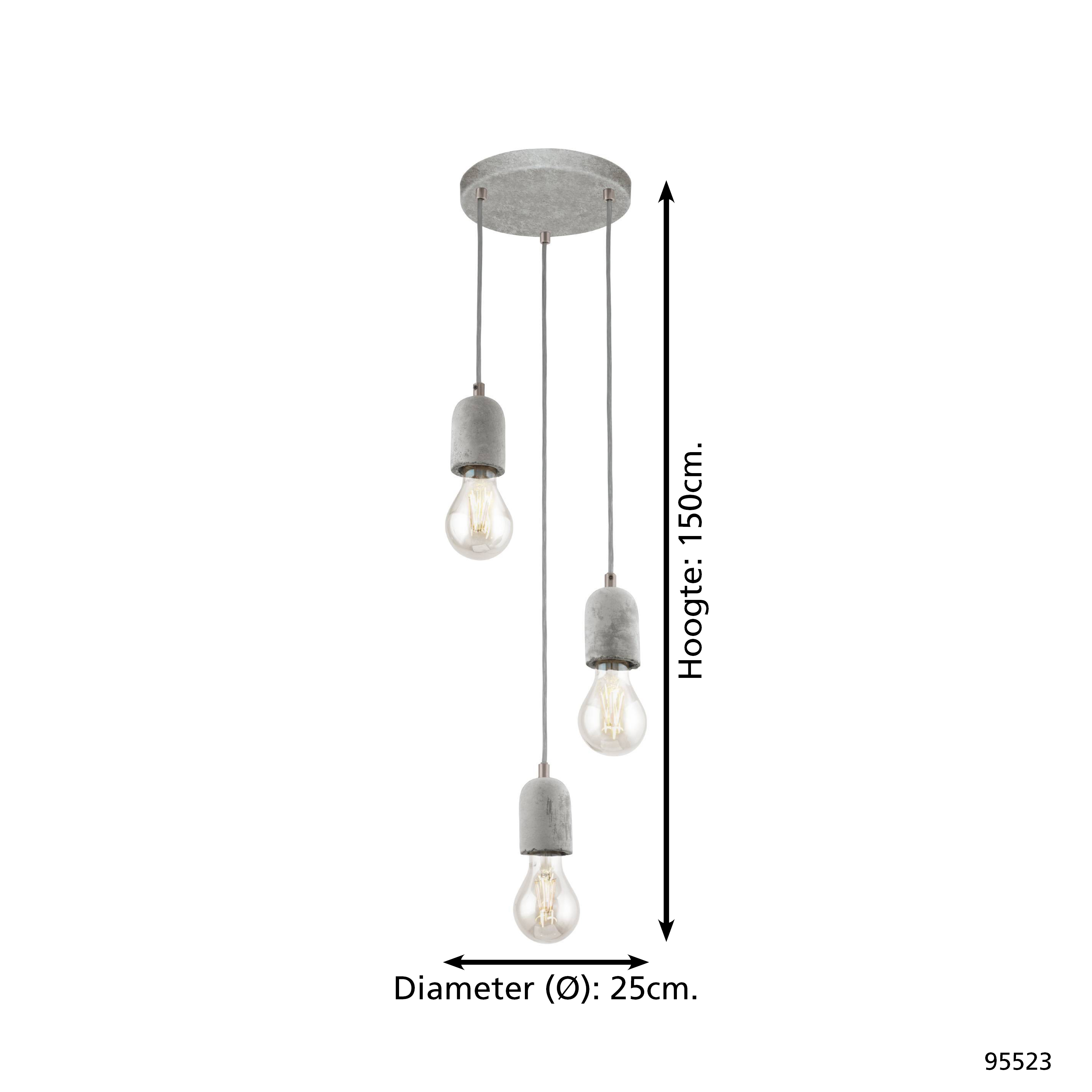 Eine Pendelleuchte mit drei Lichtern. Betonschirme beherbergen Glühbirnen, die an einer runden Deckenplatte hängen. Eine Höhe von 150 cm ist angegeben.