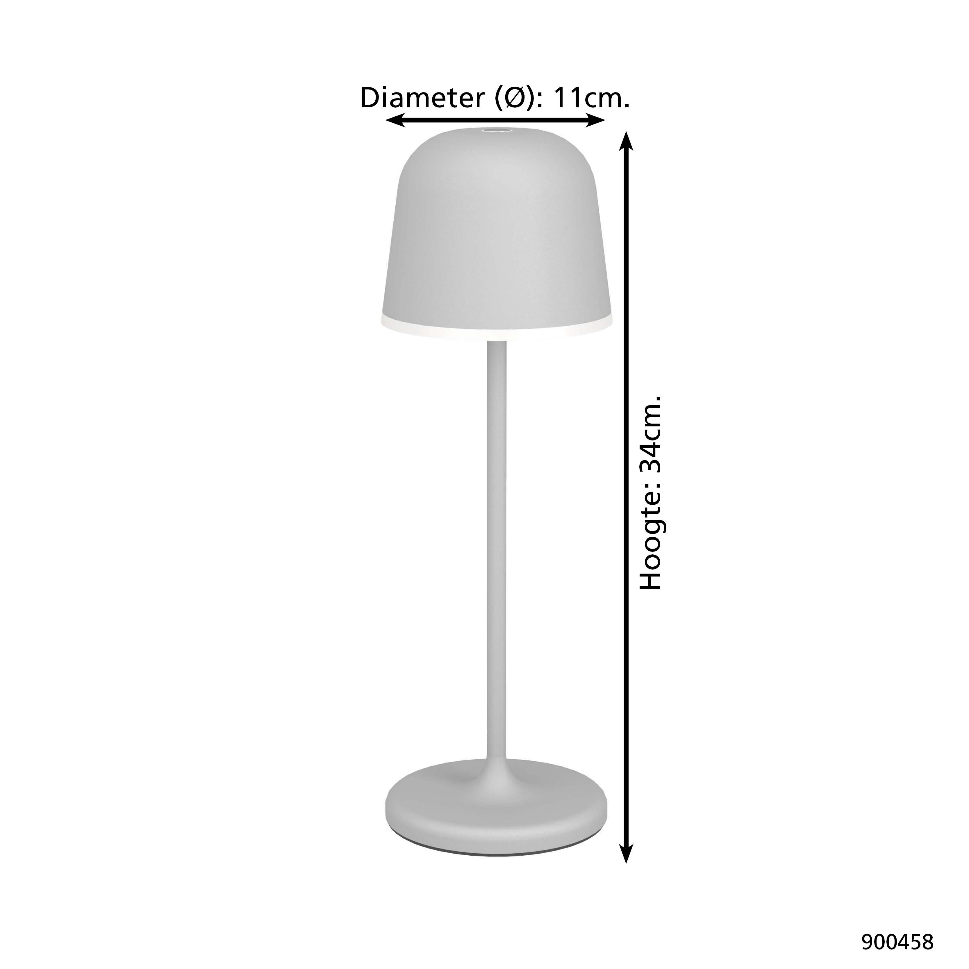 Eine graue Tischlampe mit rundem Fuß, dünnem Stiel und kuppelförmigem Schirm. Abmessungen sind angegeben.
