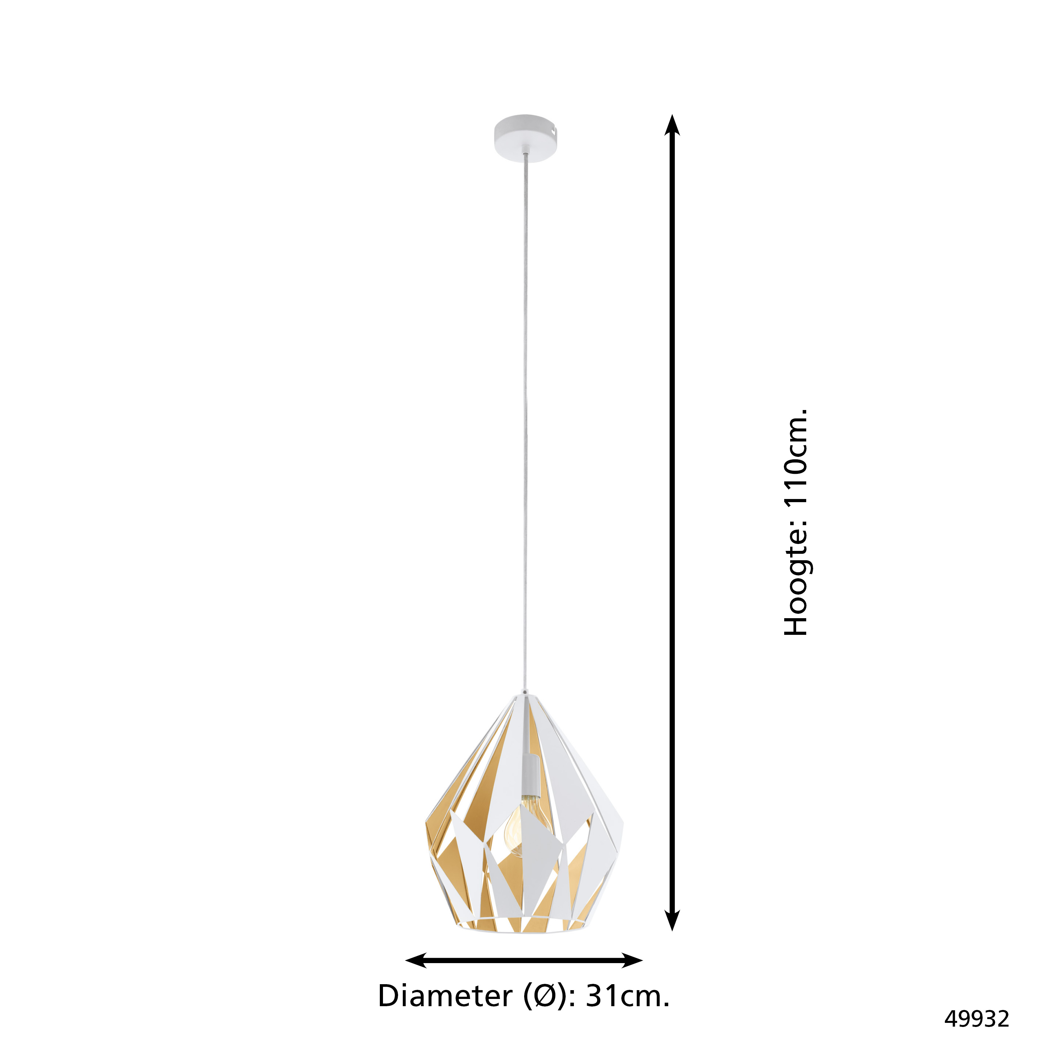 Una lampada a sospensione geometrica bianca e oro è appesa. Dimensioni: altezza 110 cm, diametro 31 cm.