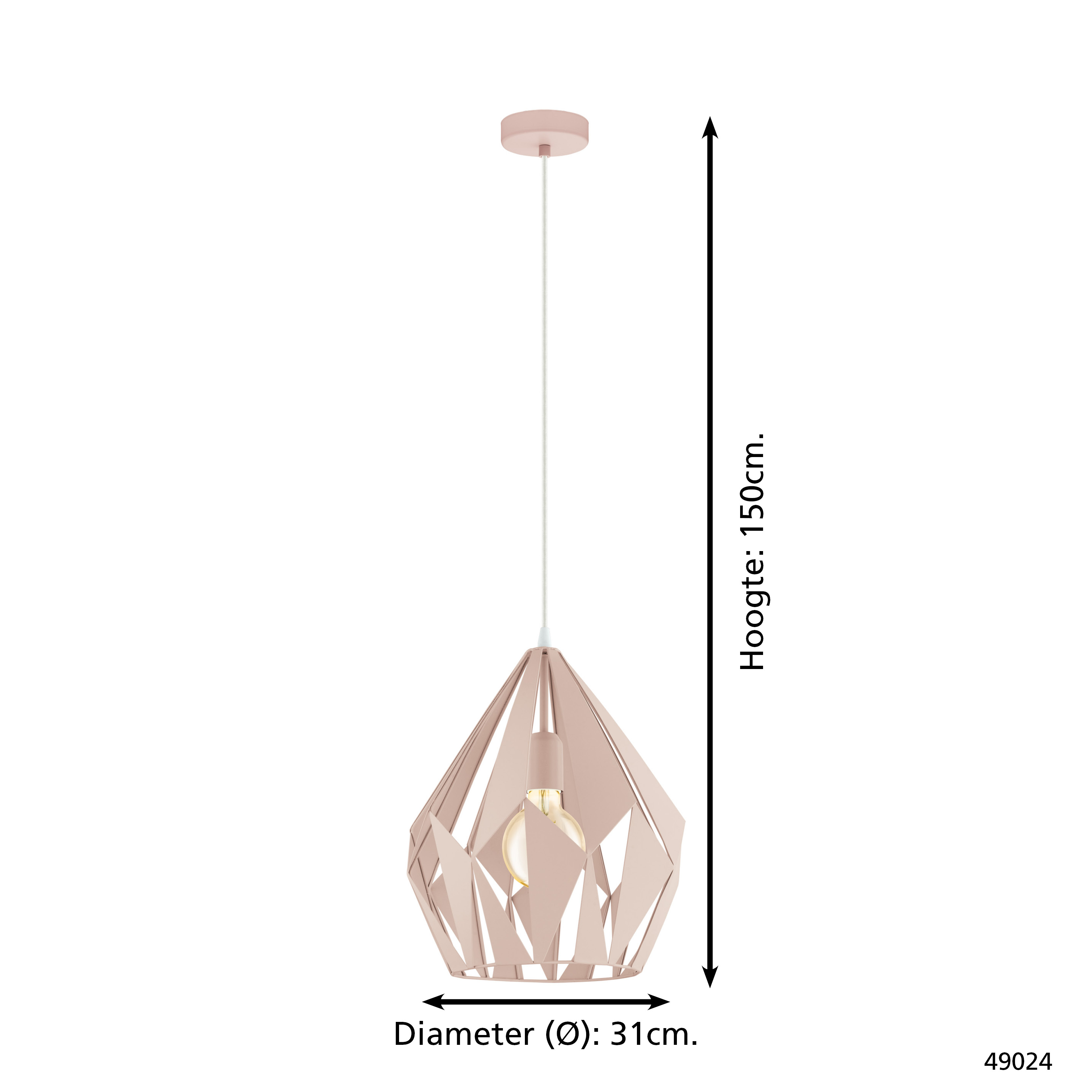 Una lámpara colgante geométrica rosa cuelga del techo, con dimensiones indicadas. El fondo es blanco.