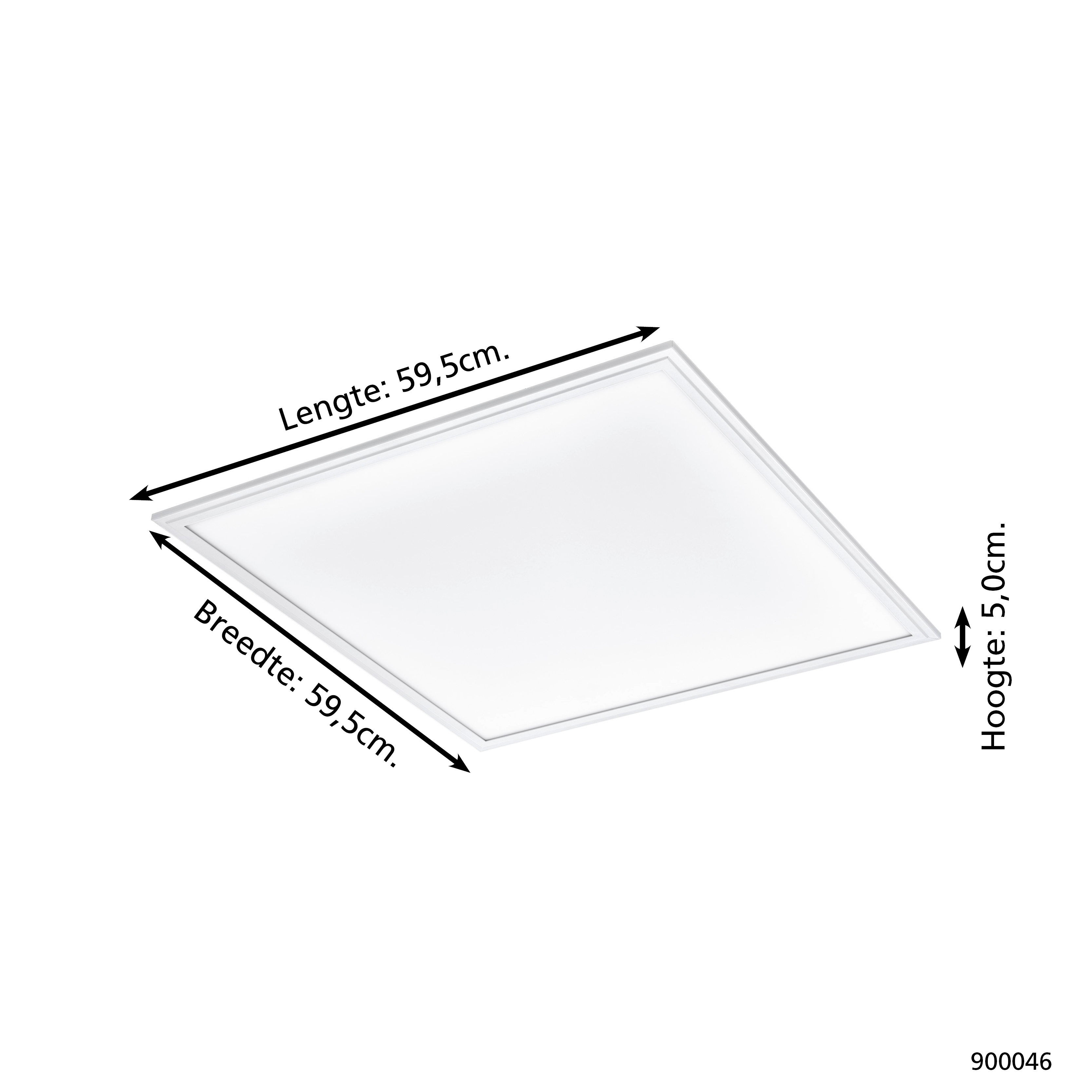 Una plafoniera bianca quadrata con etichette. Lunghezza e larghezza sono 59,5 cm, altezza 5,0 cm. Testo in olandese.