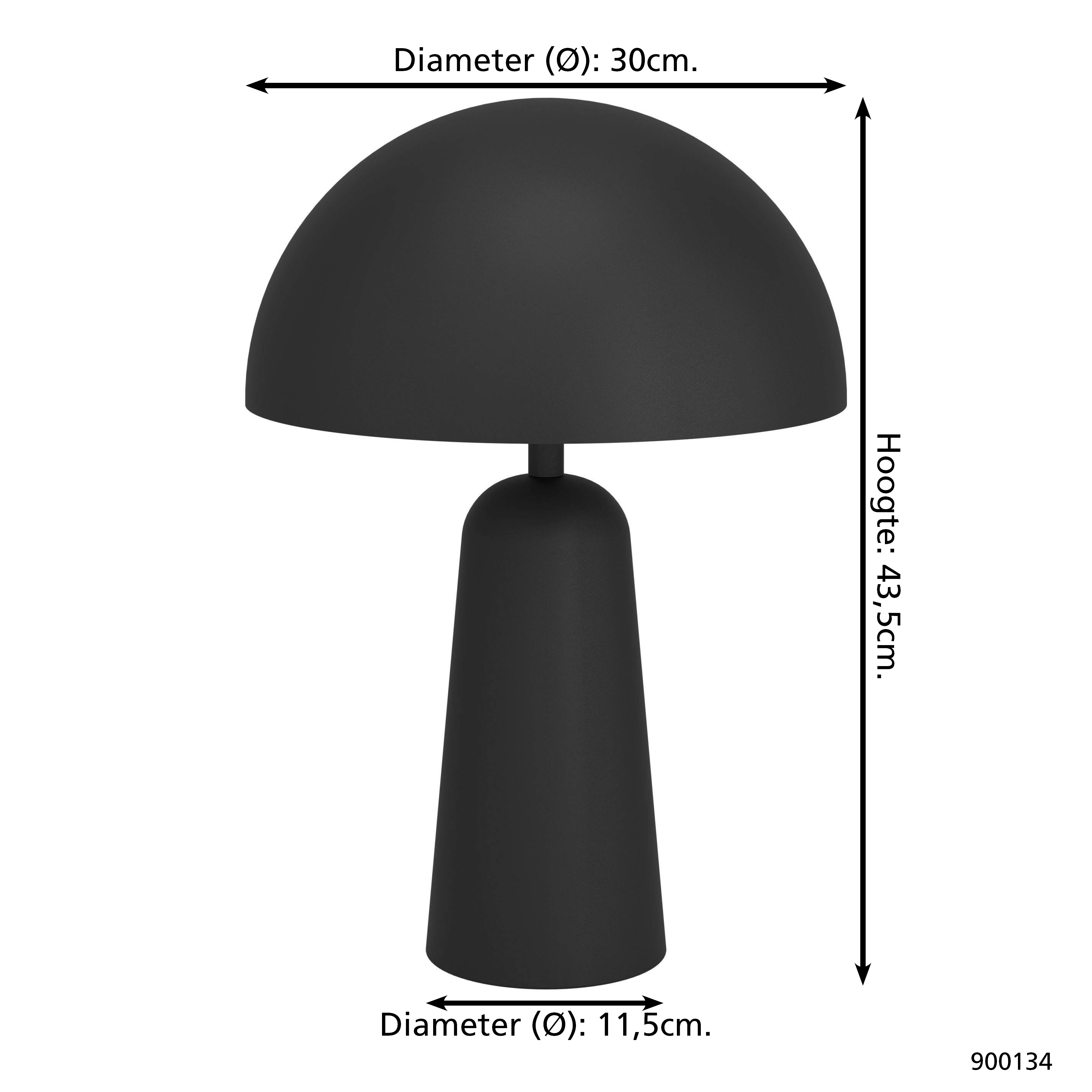 Eine schwarze Lampe mit pilzförmigem Schirm. Abmessungen sind angegeben. Durchmesser des Schirms 30 cm, Höhe 43,5 cm und Basisdurchmesser 11,5 cm.