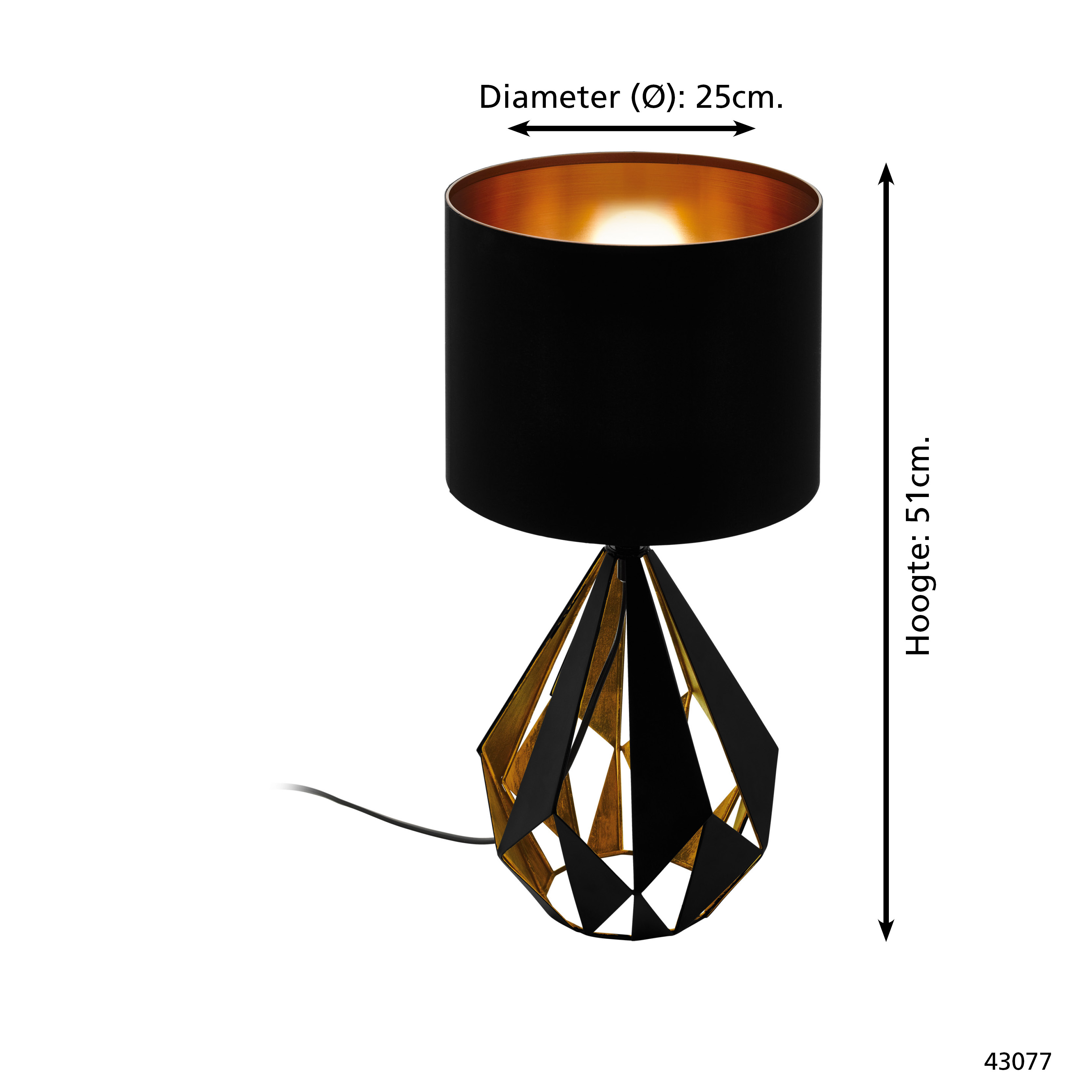 Eine schwarz-goldene Tischlampe. Sie hat einen schwarzen Schirm und einen geometrischen Fuß. Die Lampe ist 51 cm hoch und hat einen Durchmesser von 25 cm.