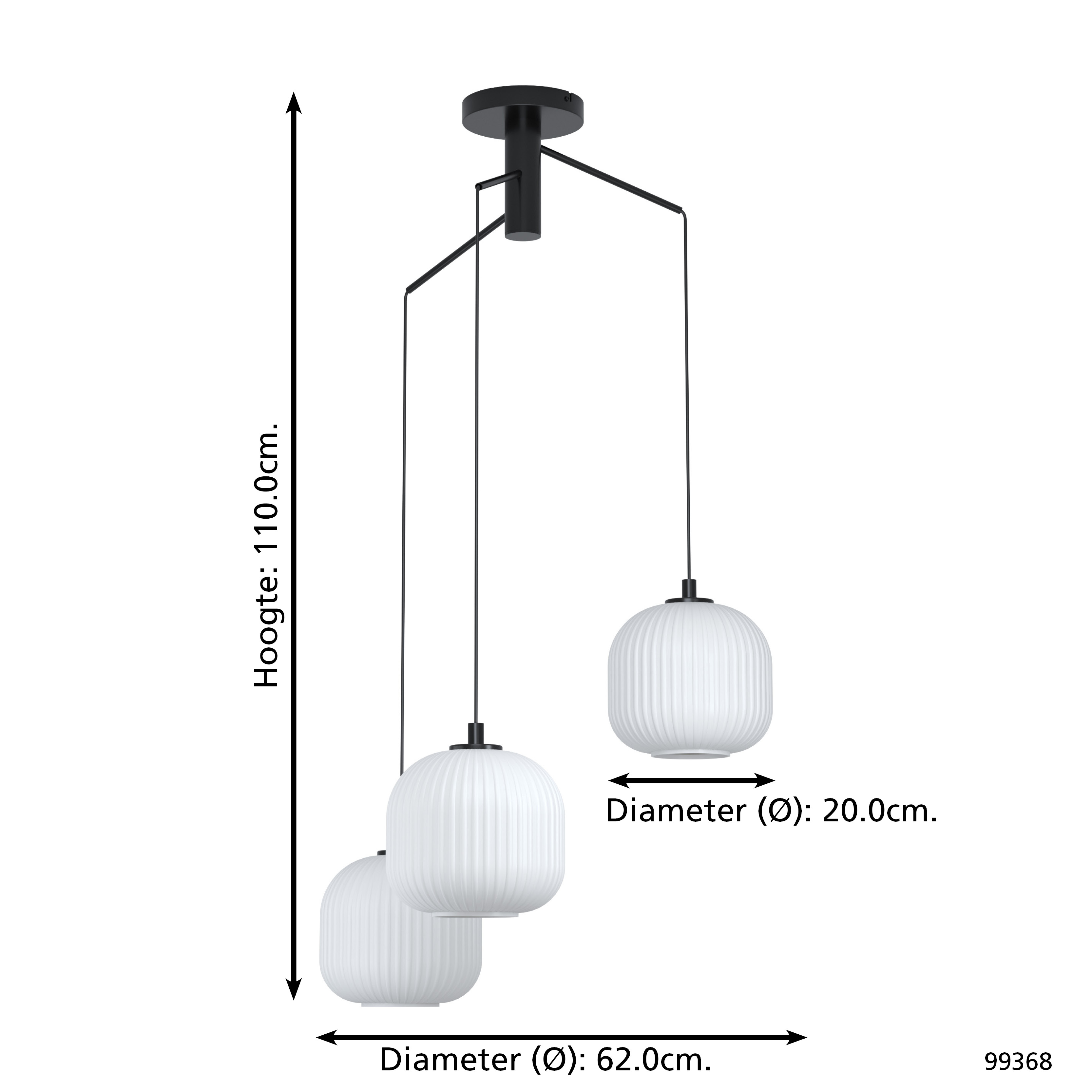 Una moderna lampada da soffitto nera con tre paralumi bianchi a coste. Le dimensioni sono indicate.