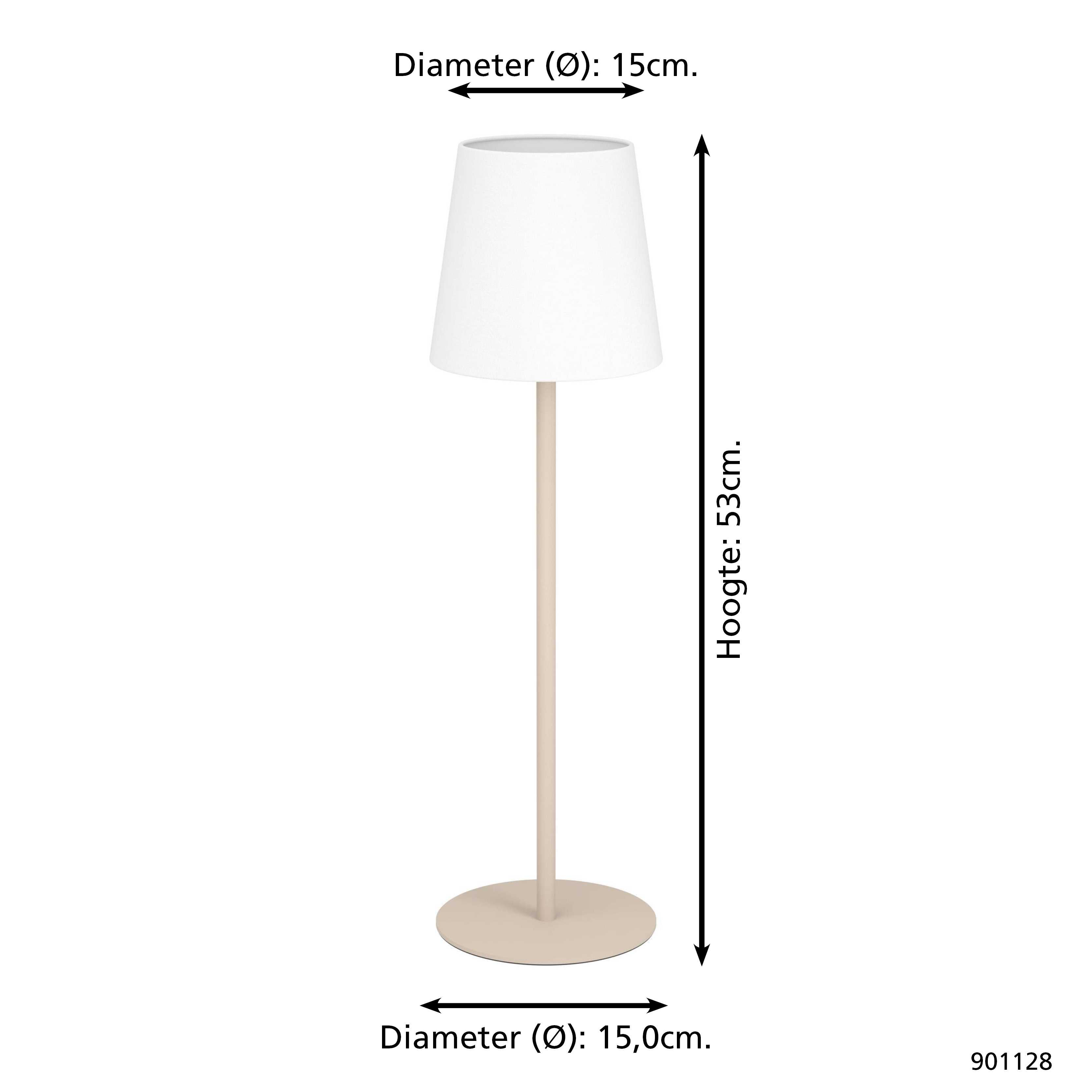Ein weißer Lampenschirm sitzt auf einem beigefarbenen Ständer, mit Maßangaben. Die Lampe ist 53 cm hoch, der Schirm hat 15 cm Durchmesser, der Fuß 15 cm.
