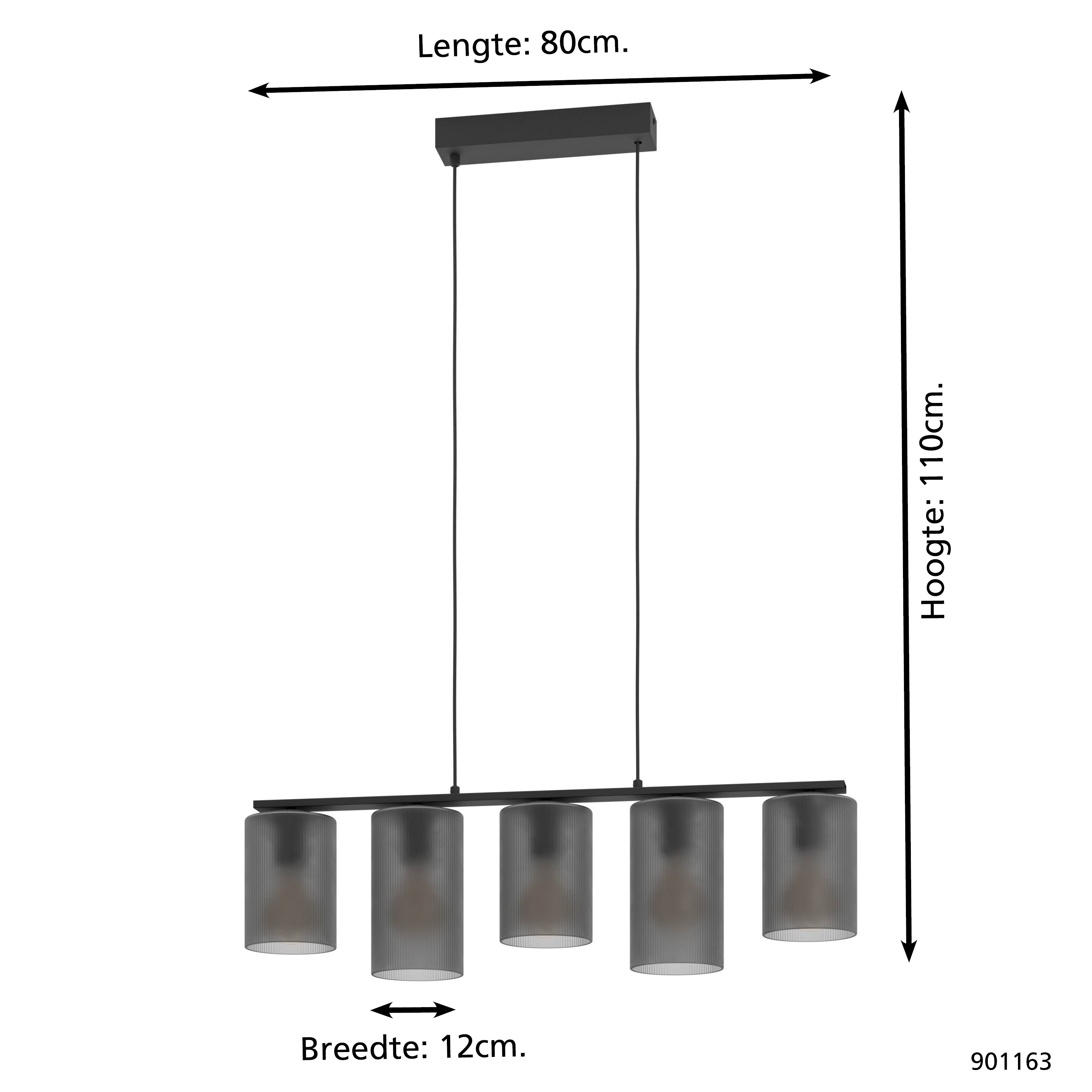 Una lampada a sospensione nera con cinque paralumi grigi. Ha dimensioni indicate sull'immagine.