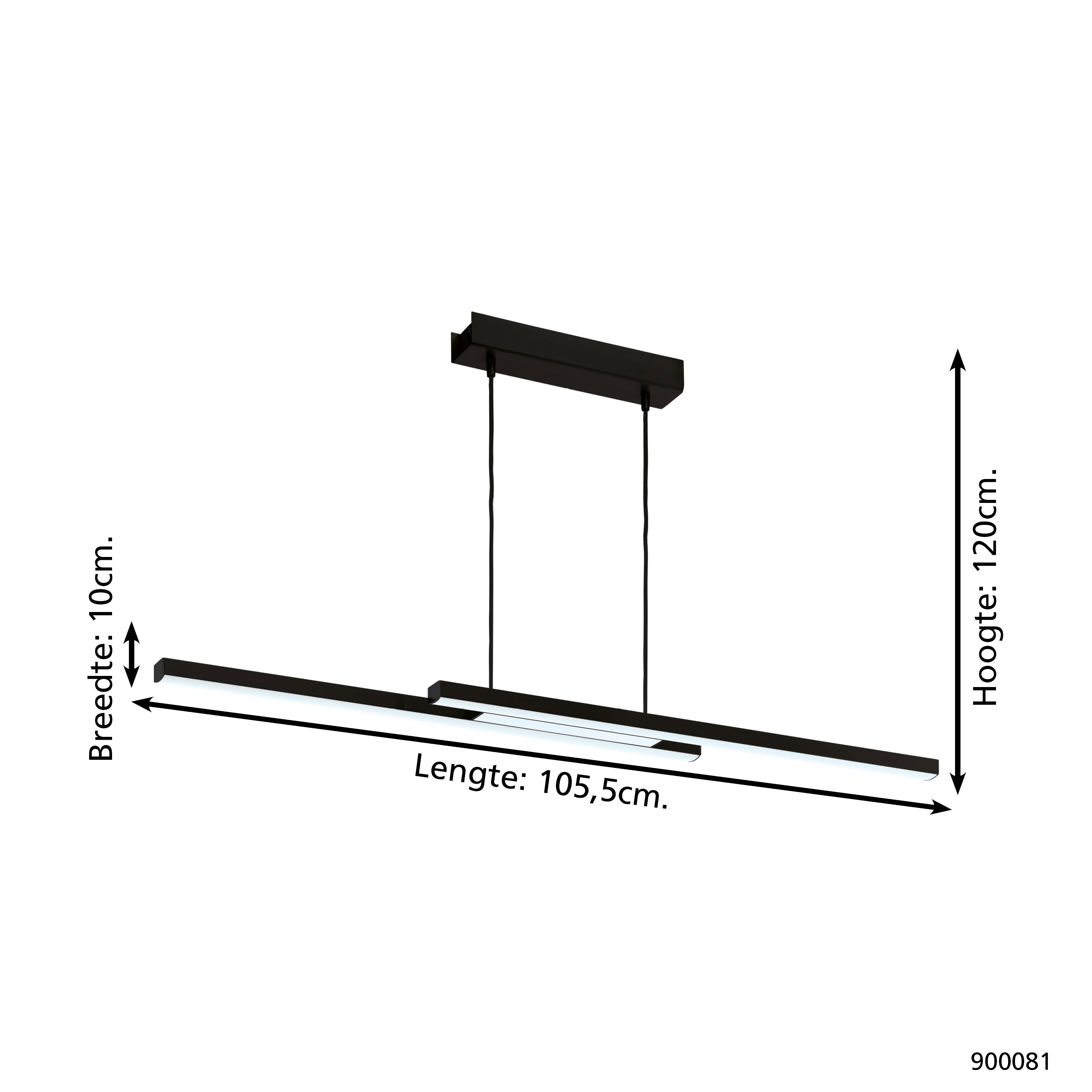 Eine schwarze, rechteckige Lampe hängt von der Decke. Abmessungen: Breite 10 cm, Länge 105,5 cm, Höhe 120 cm.