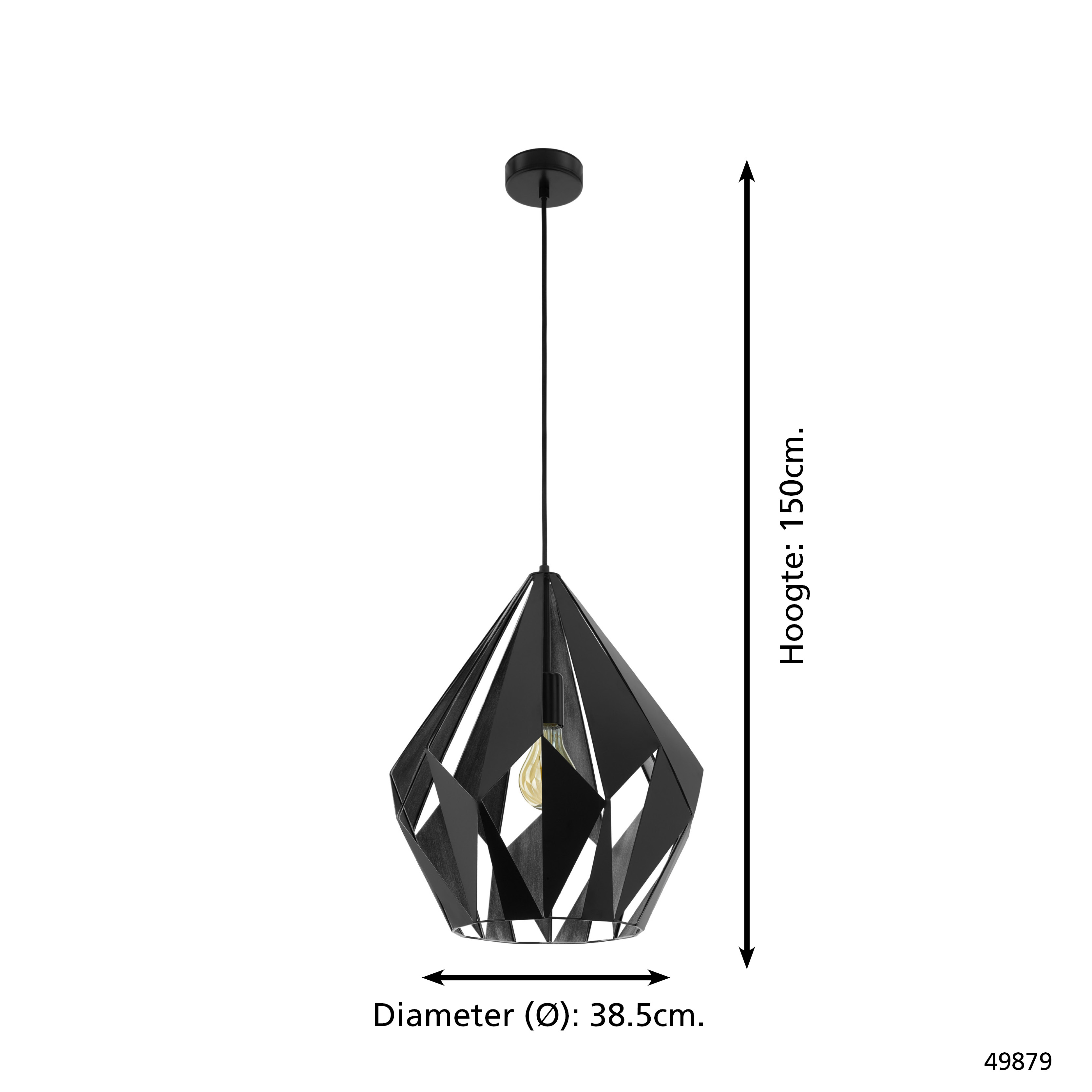 Una lampada a sospensione geometrica nera pende dal soffitto. Dimensioni: 38,5 cm di diametro, 150 cm di altezza.