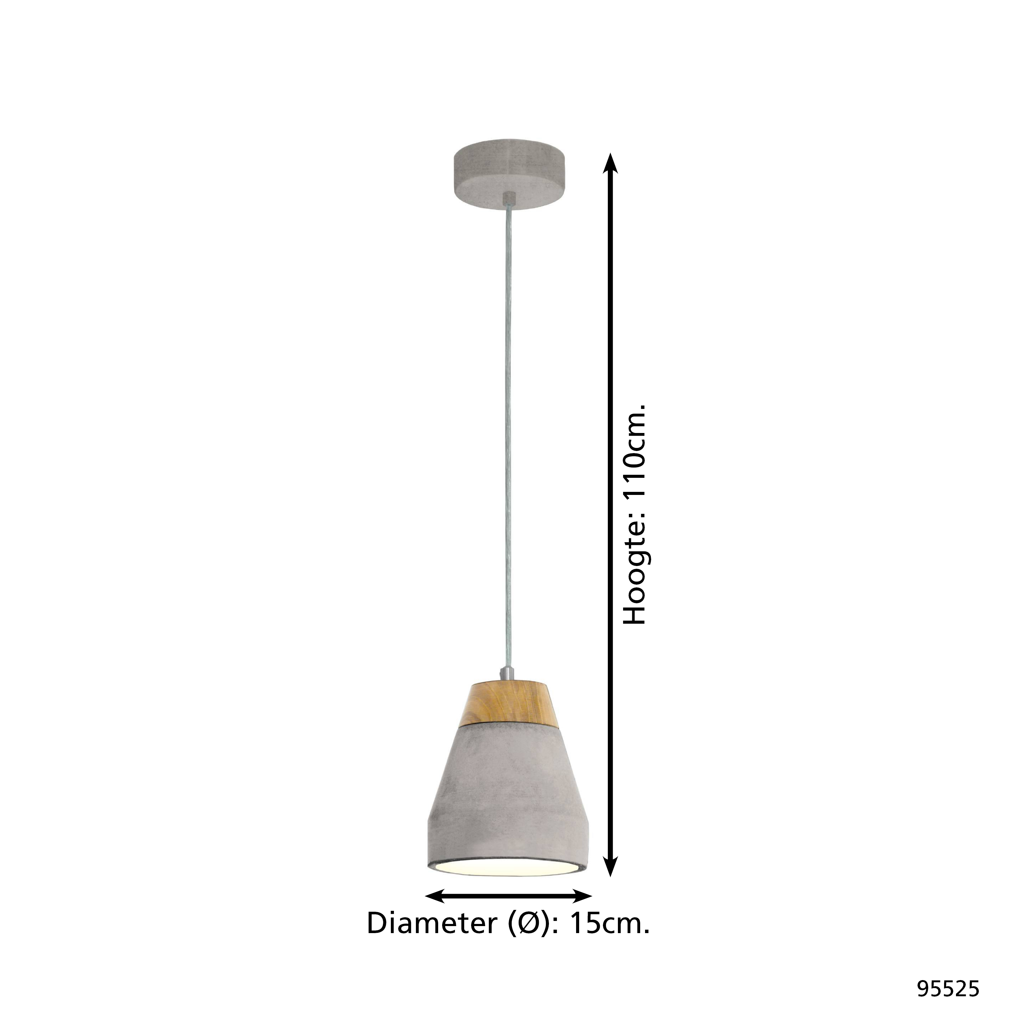 Eine Hängelampe mit Betonschirm und Holzaufsatz. Sie hat ein graues Kabel und ist 110 cm lang, 15 cm im Durchmesser.