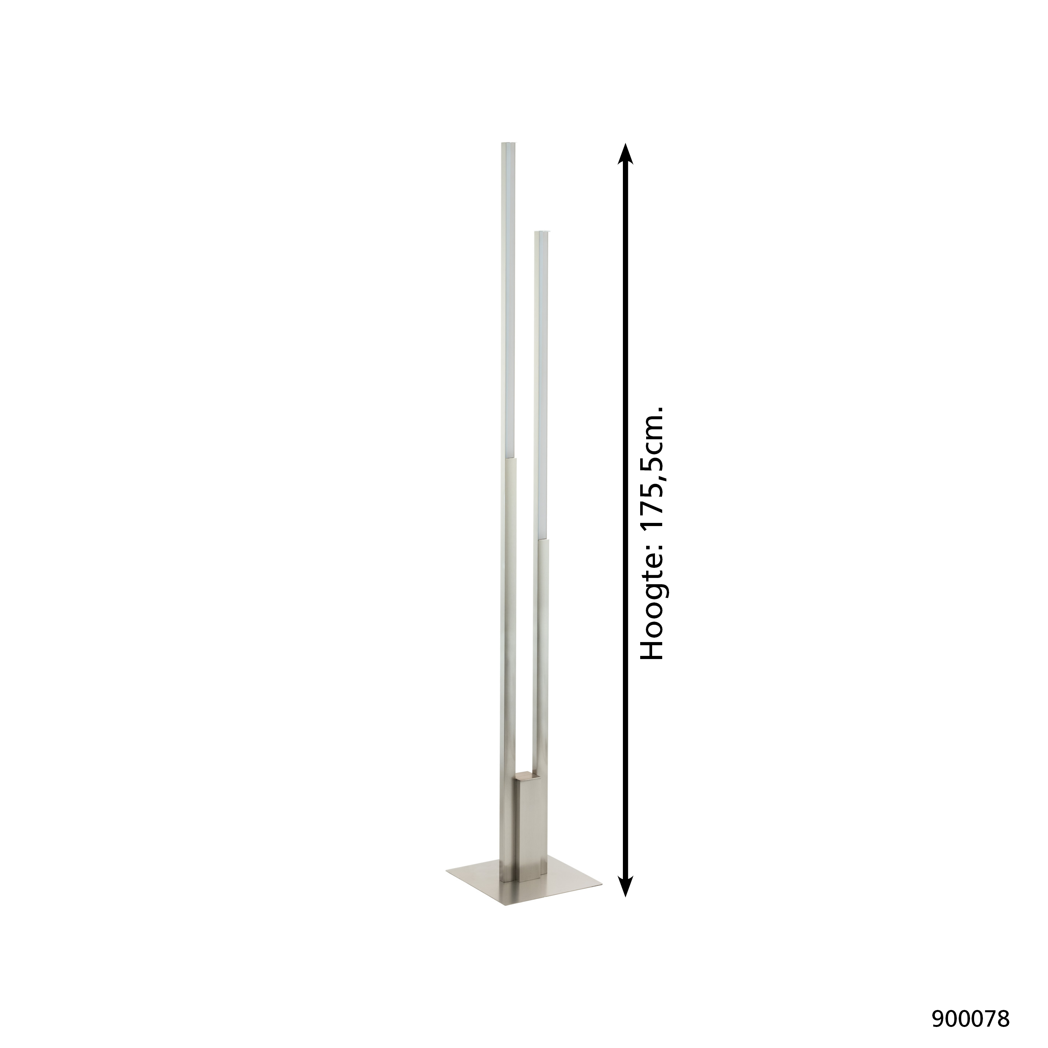 Eine hohe, silberne Lampe mit zwei vertikalen Lichtstreifen. Die Höhe beträgt 175,5 cm. Quadratischer Sockel und weißer Hintergrund.