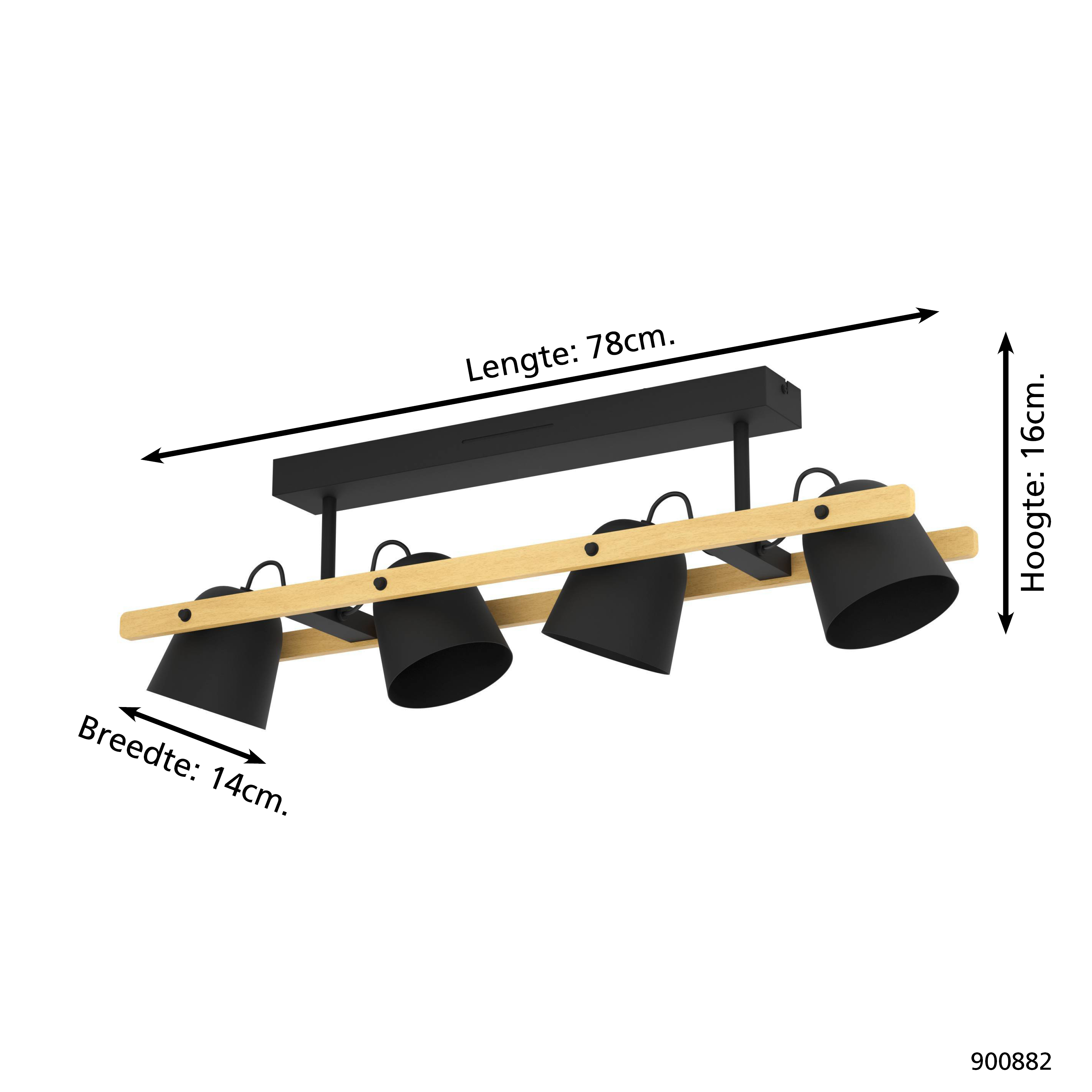 Eine schwarz-holzfarbene Deckenlampe mit vier Strahlern. Abmessungen: 78 cm Länge, 14 cm Breite und 16 cm Höhe.