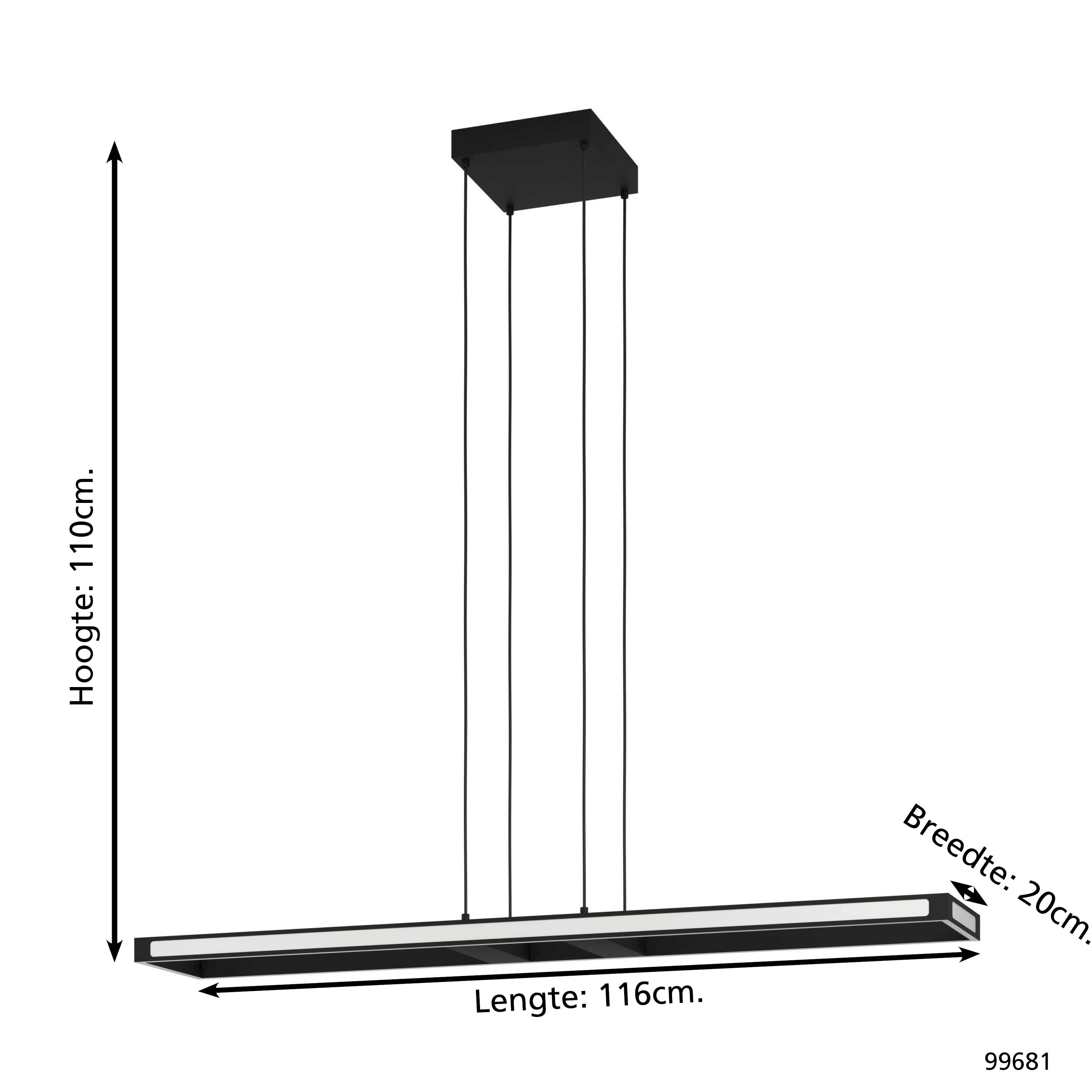 Eine schwarze, rechteckige LED-Lampe hängt von der Decke. Maße: 116 cm lang, 20 cm breit und 110 cm hoch.