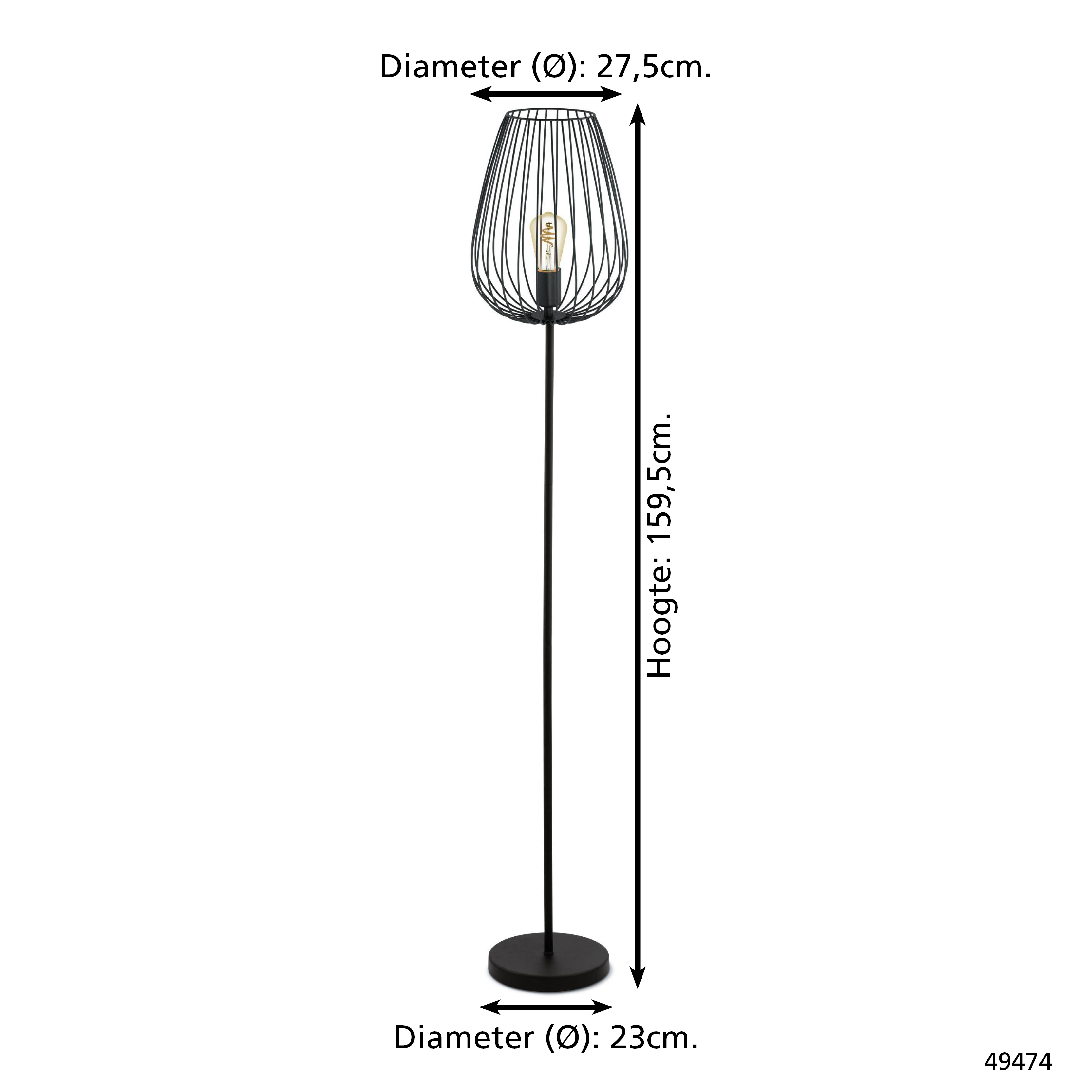 Eine schwarze Stehlampe mit Drahtschirm, Glühbirne und rundem Fuß. Abmessungen werden angezeigt.