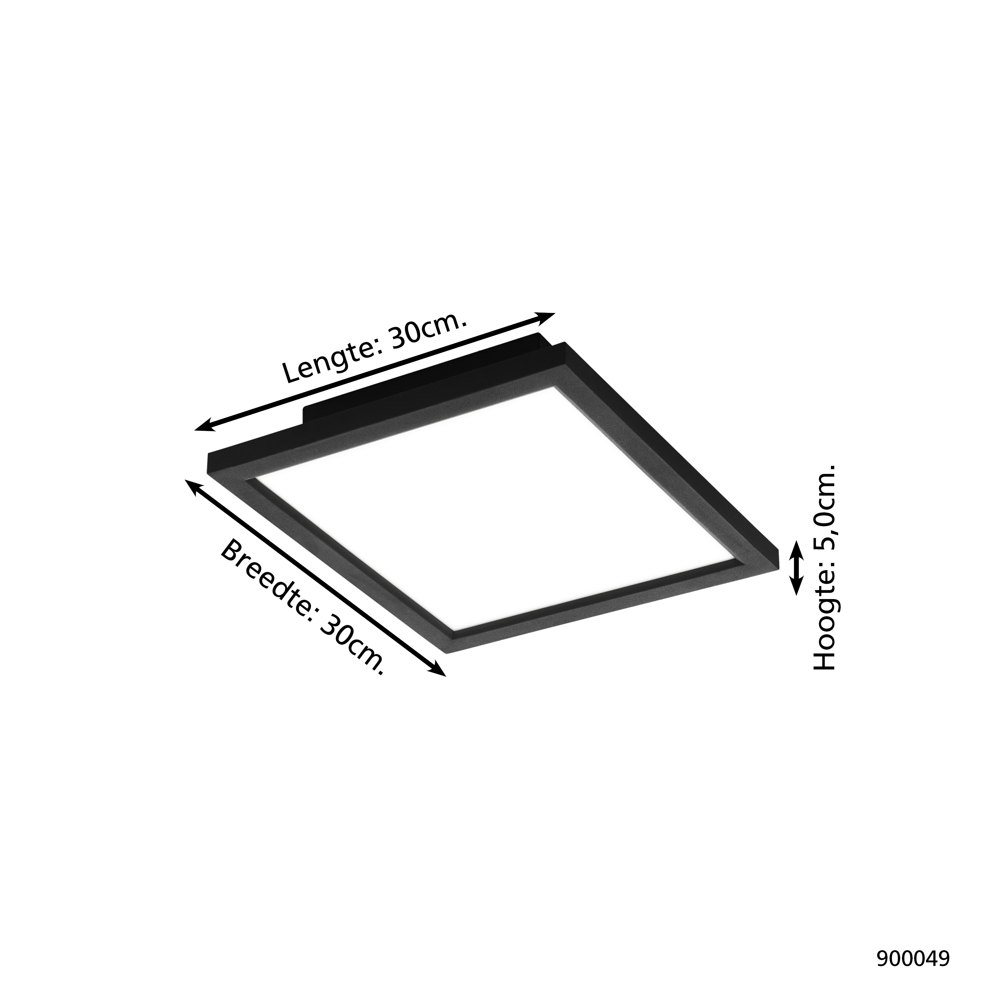 Viene mostrata una plafoniera a LED quadrata nera, con dimensioni etichettate. L'interno è bianco.