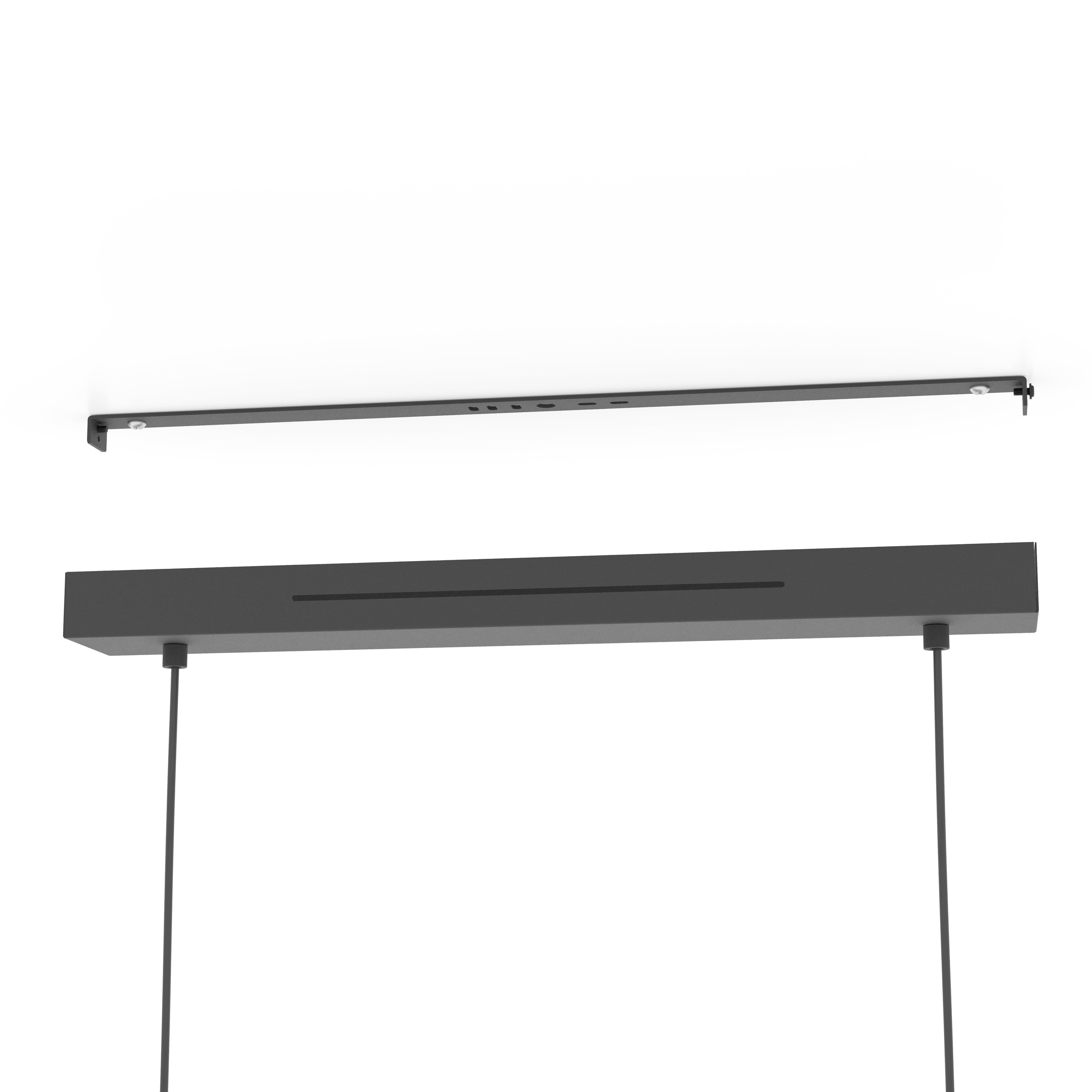 Deux luminaires noirs sont suspendus. L'un est horizontal, l'autre est suspendu en dessous. Les deux ont un fond blanc.