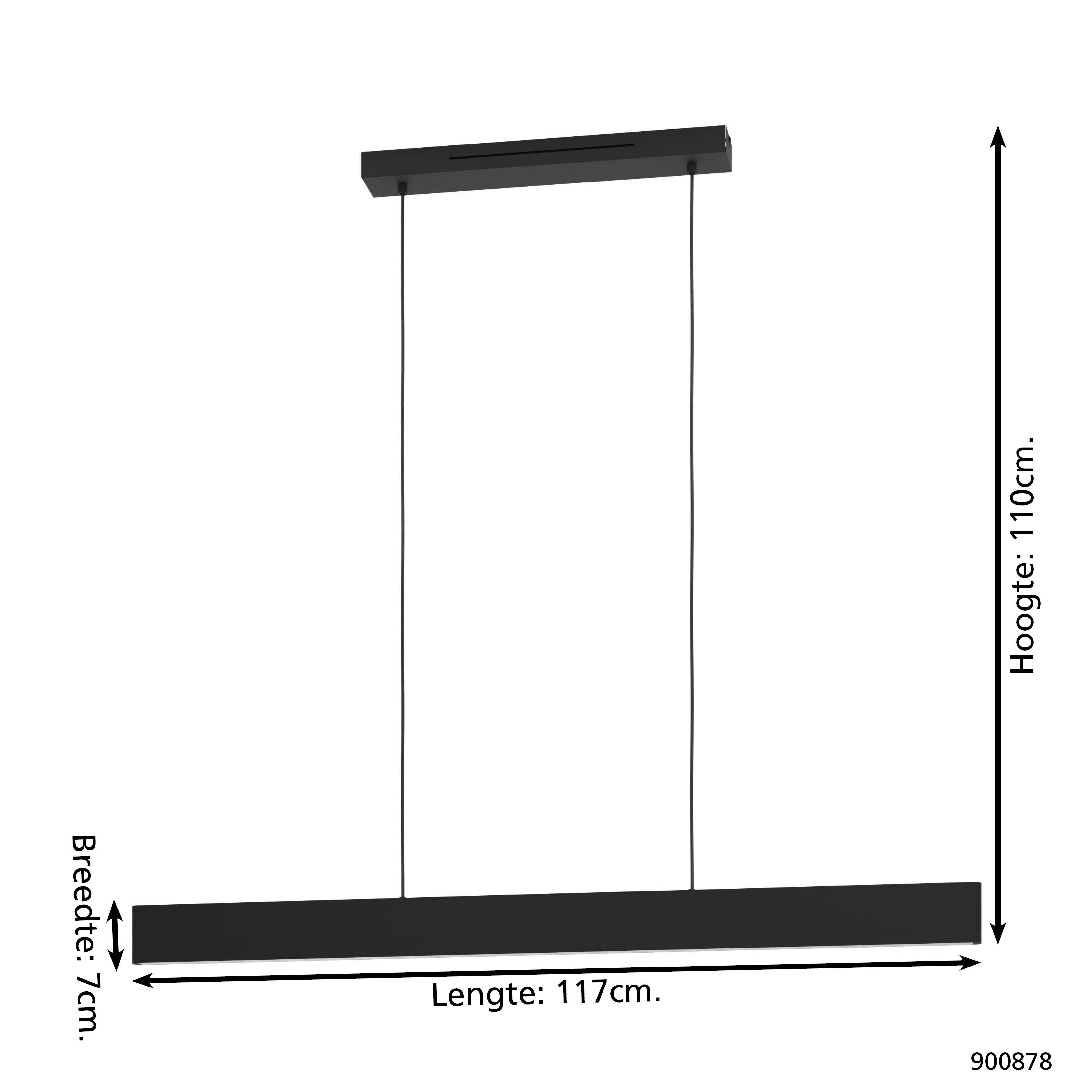 Une lampe suspendue rectangulaire noire est montrée avec des dimensions et des fils suspendus. Les dimensions sont indiquées sur l'image.