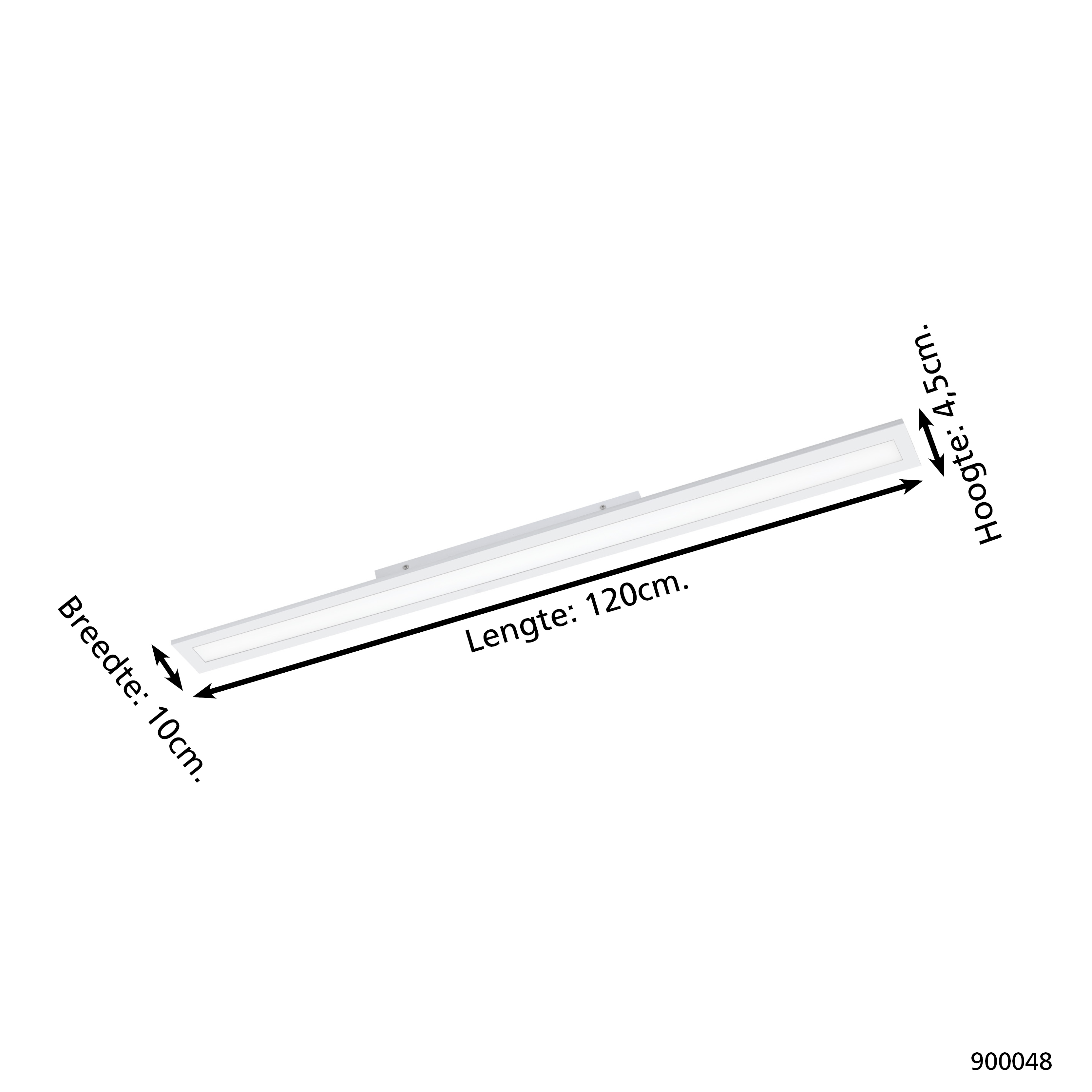 Un apparecchio di illuminazione a LED rettangolare bianco con dimensioni, lungo 120 cm, largo 10 cm e alto 4,5 cm, su sfondo bianco.