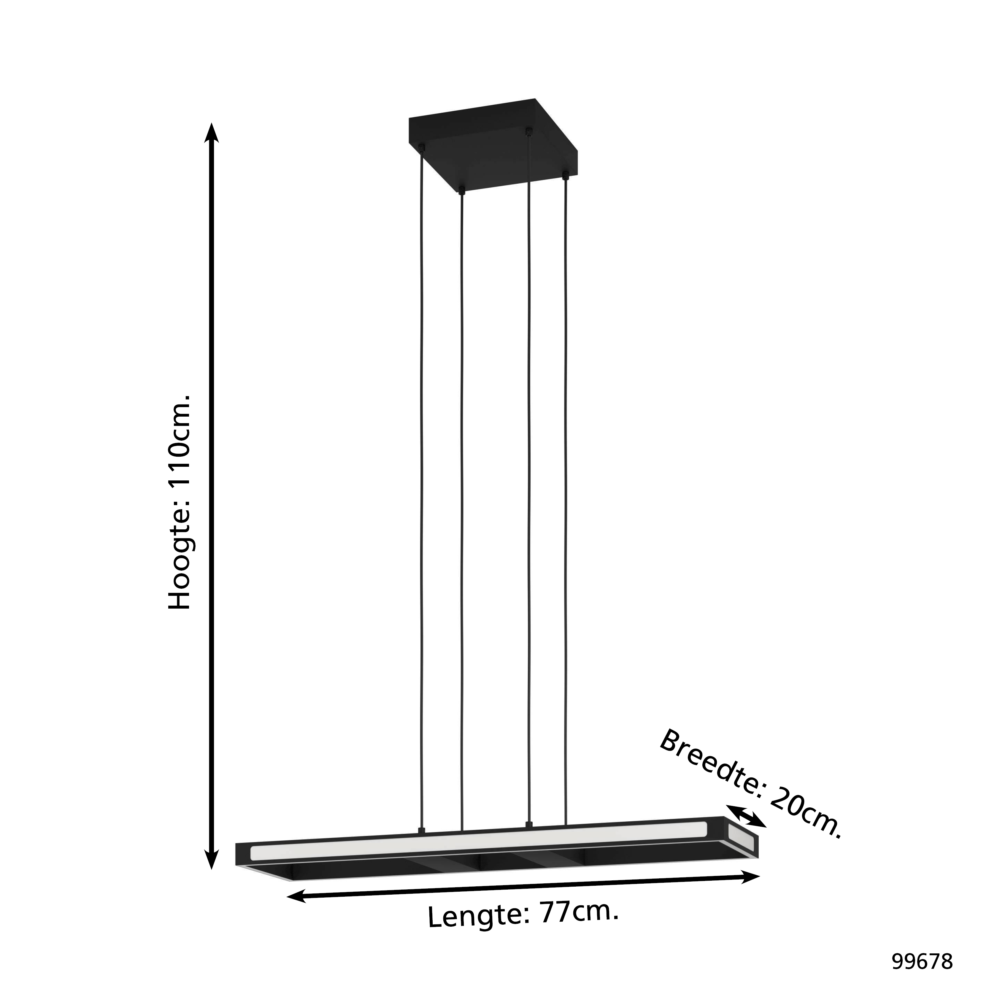Eine schwarze, rechteckige Pendelleuchte. Sie hat eine rechteckige Basis. Die Länge beträgt 77 cm, die Breite 20 cm und die Höhe 110 cm.
