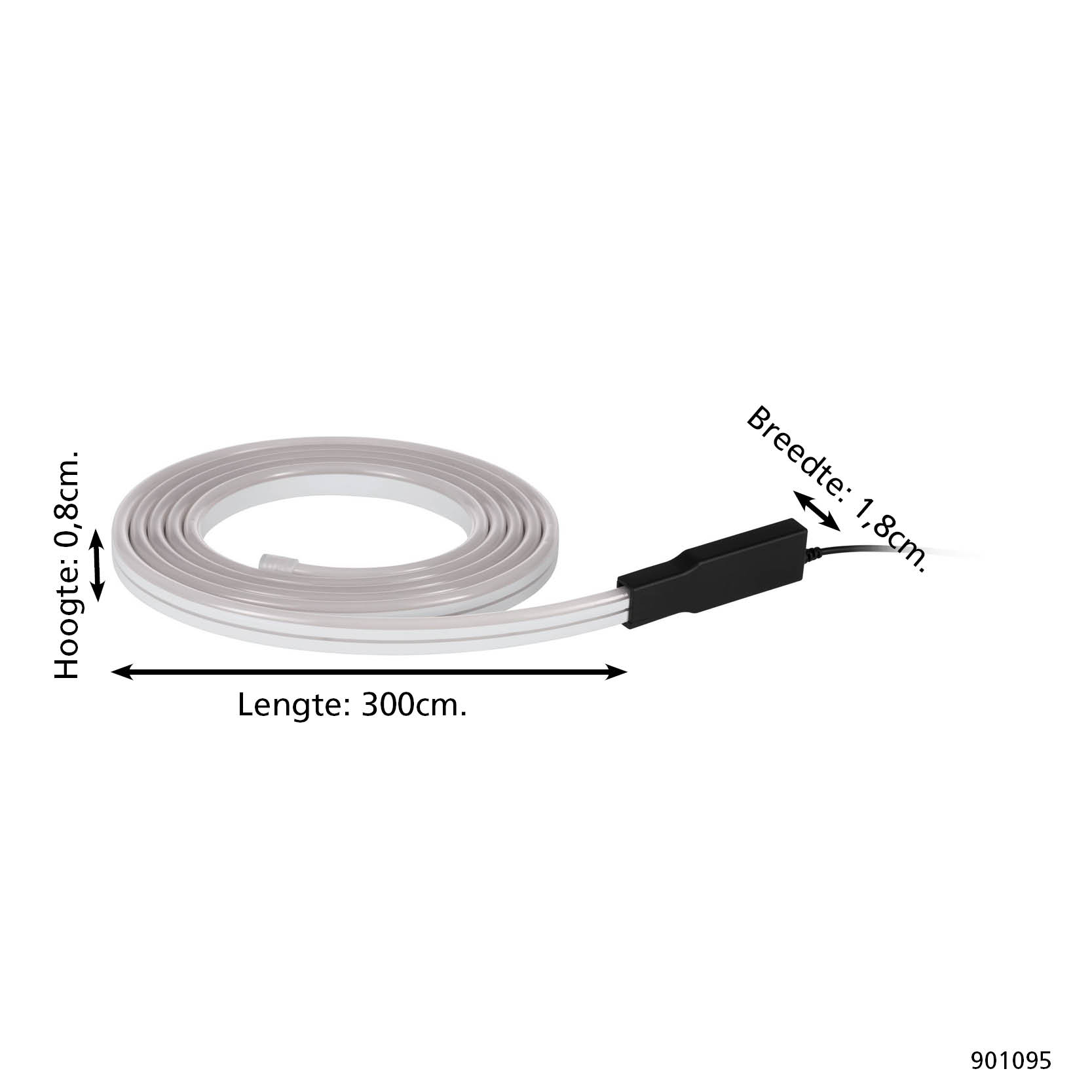 Ein aufgerolltes Lichtband mit schwarzem Stecker rechts. Abmessungen werden mit niederländischen Wörtern angezeigt. Der Hintergrund ist weiß.