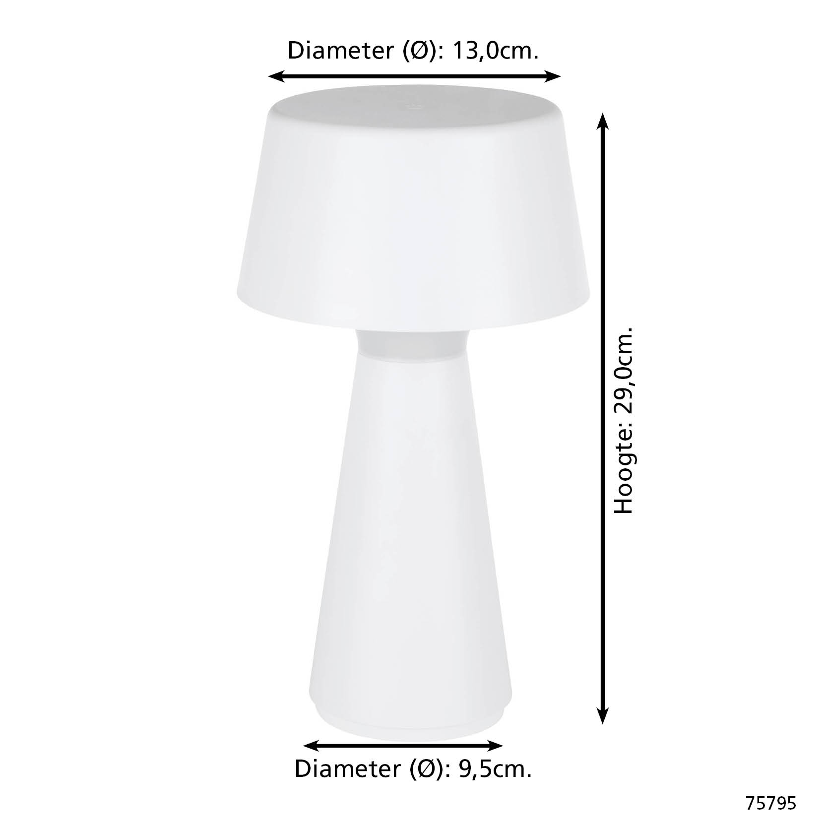 Eine weiße Lampe mit breitem Oberteil und schmalerer Basis. Abmessungen sind beschriftet: 13,0 cm, 29,0 cm und 9,5 cm.