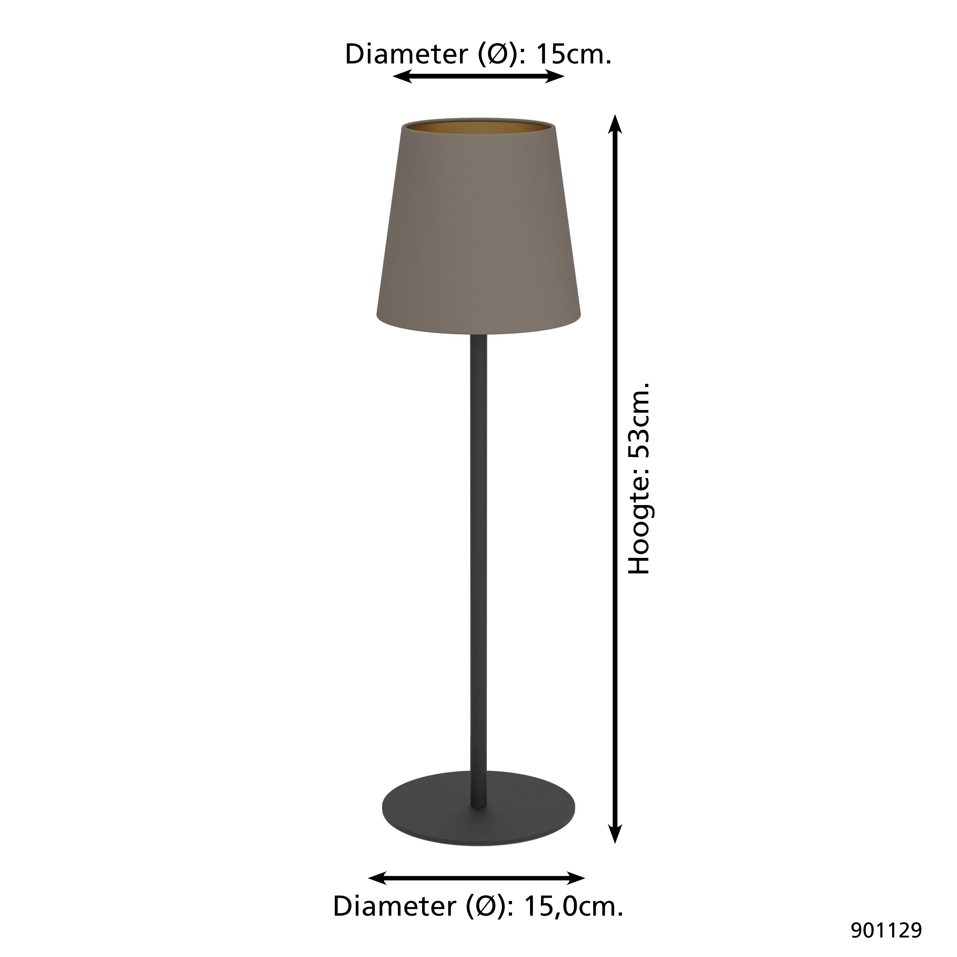 Eine Stehlampe mit grauem Lampenschirm, schwarzem Ständer und Sockel. Abmessungen sind angegeben.