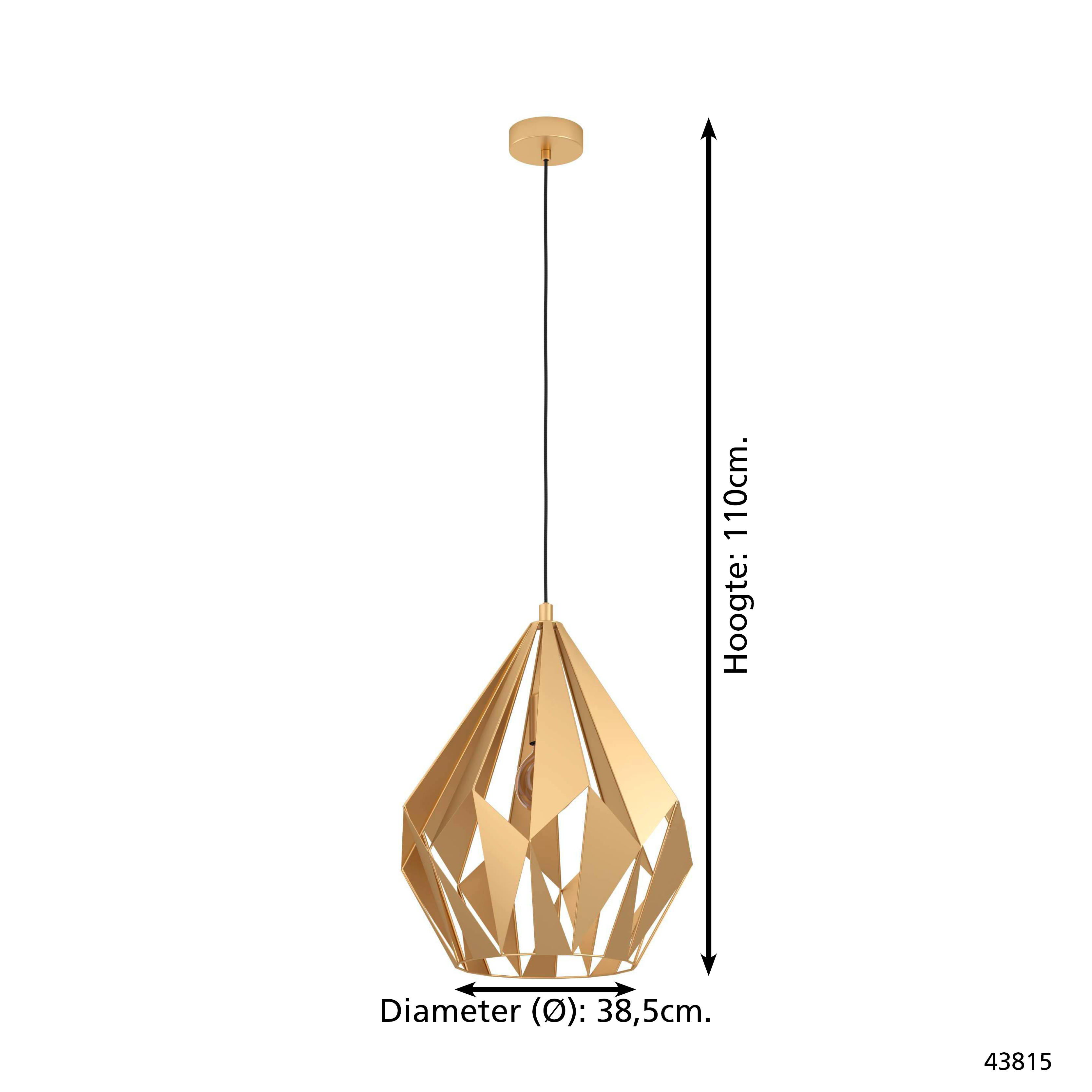 Eine goldene, geometrische Pendelleuchte hängt von der Decke. Sie ist 110 cm lang und hat einen Durchmesser von 38,5 cm. Der Hintergrund ist weiß.