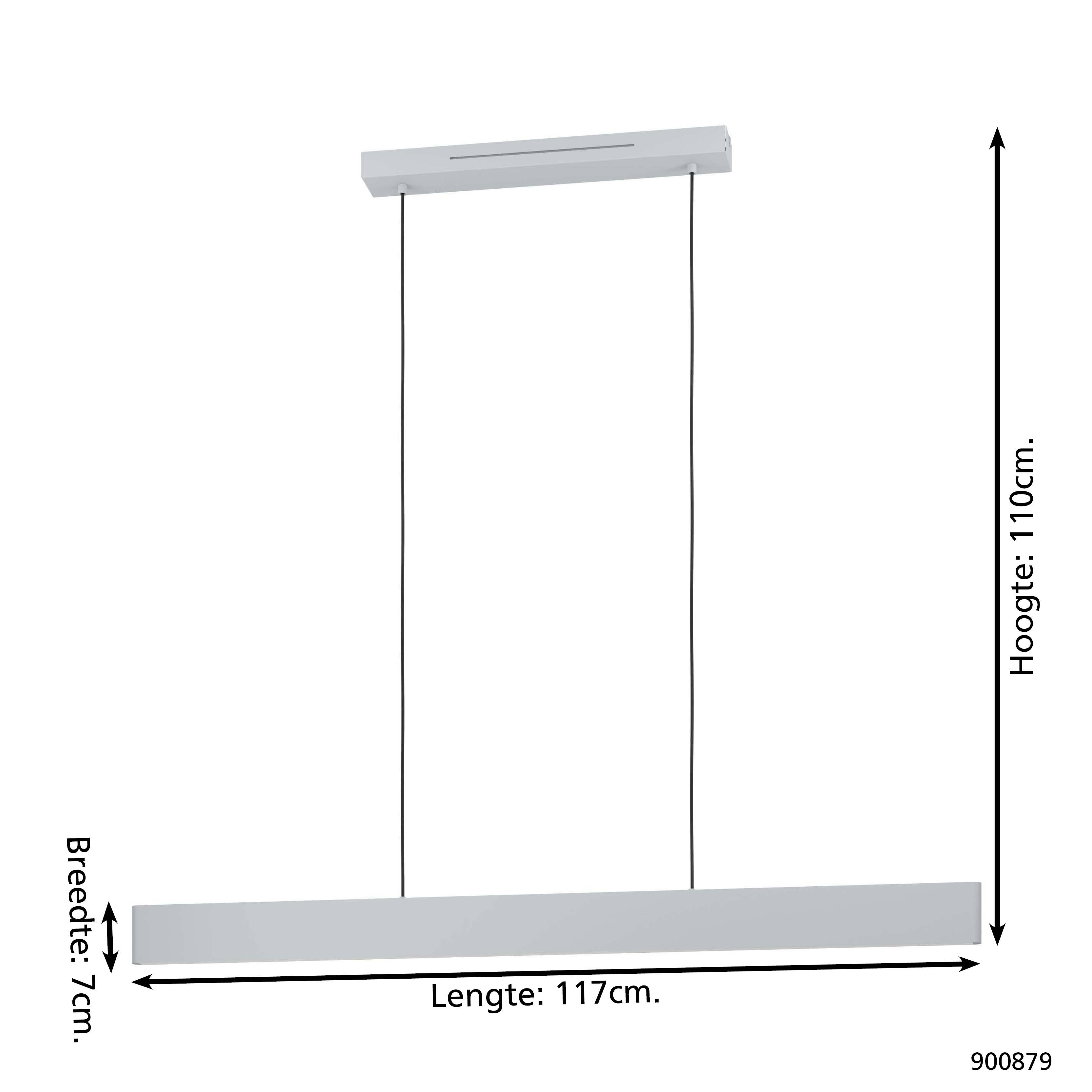 Una lampada a sospensione rettangolare bianca è sospesa da due fili neri. Dimensioni indicate. Lunghezza: 117 cm, larghezza: 7 cm, altezza: 110 cm.