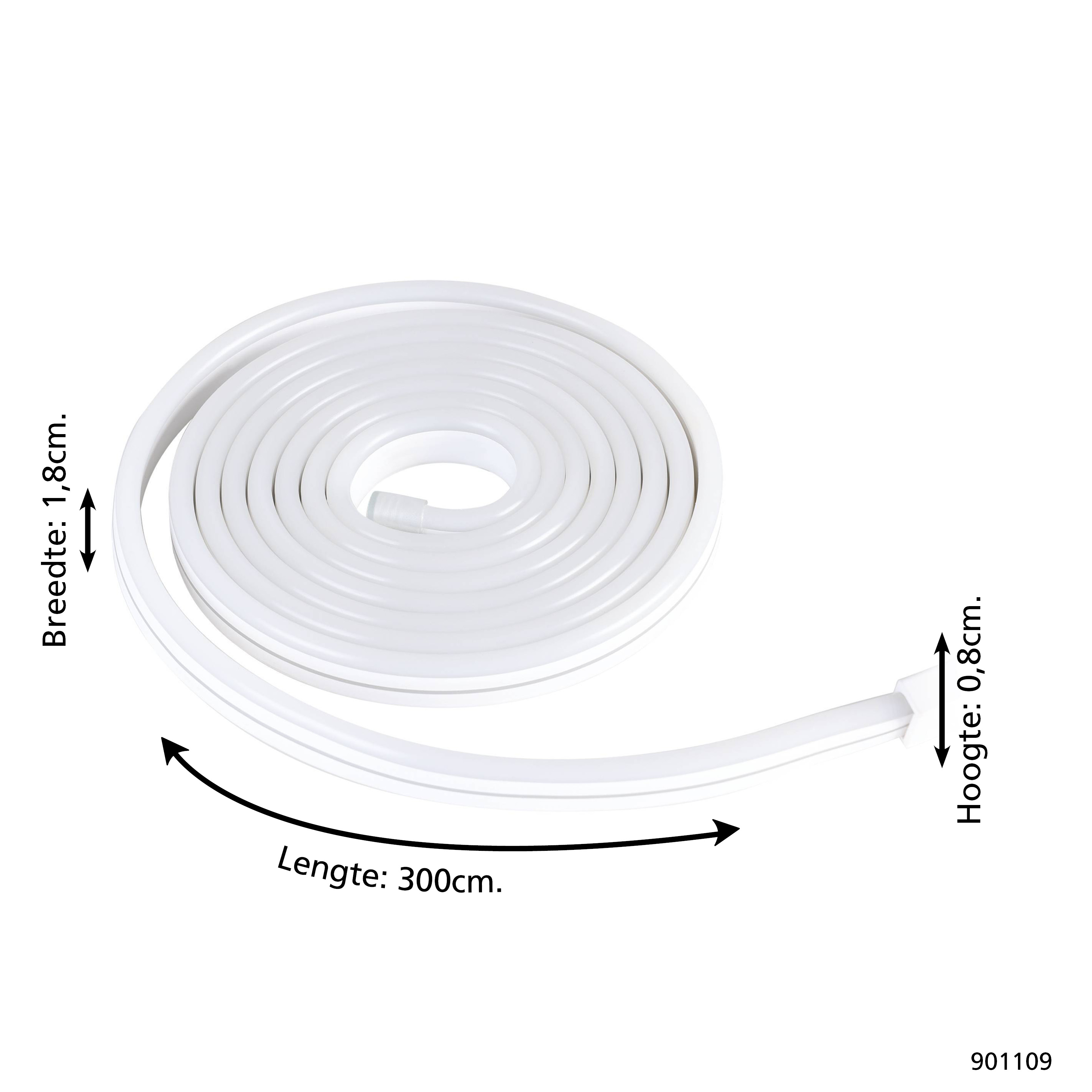Ein weißes, aufgerolltes LED-Band. Textbezeichnungen zeigen die Abmessungen: Breite 1,8 cm, Höhe 0,8 cm, Länge 300 cm.