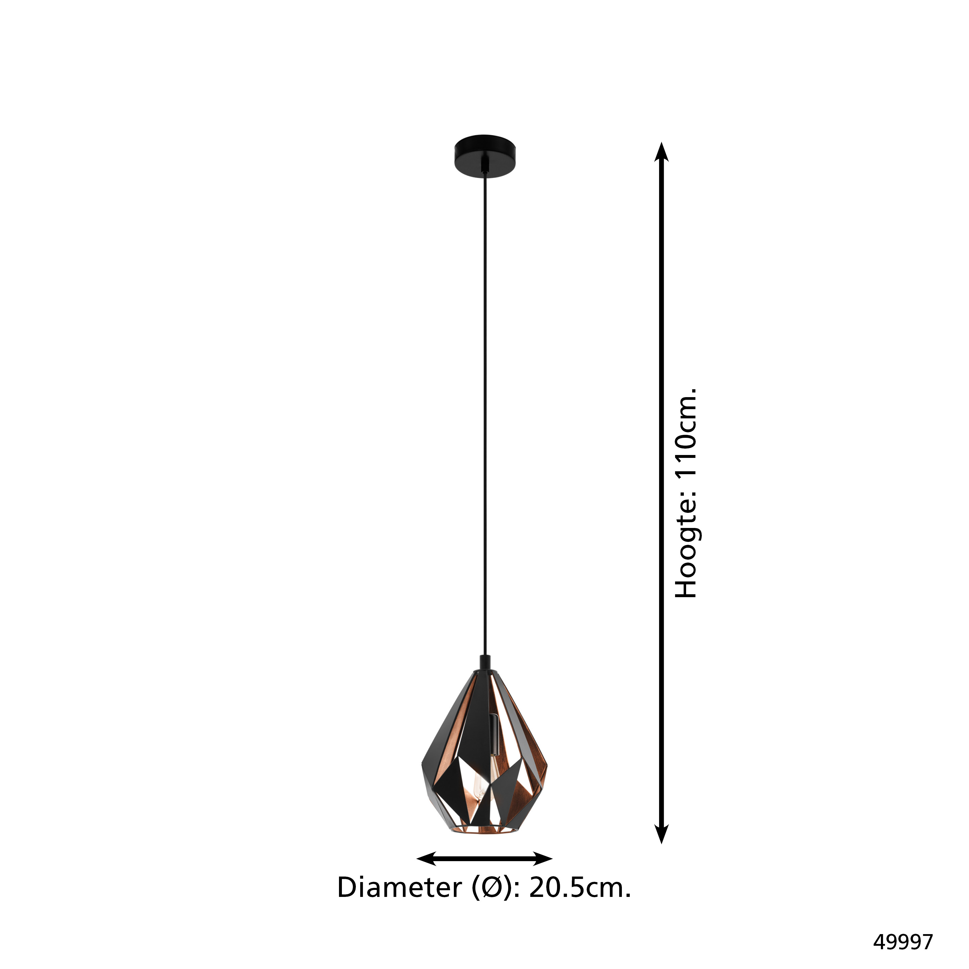 Una lampada a sospensione geometrica nera e rame è appesa al soffitto. L'altezza è di 110 cm, il diametro di 20,5 cm.