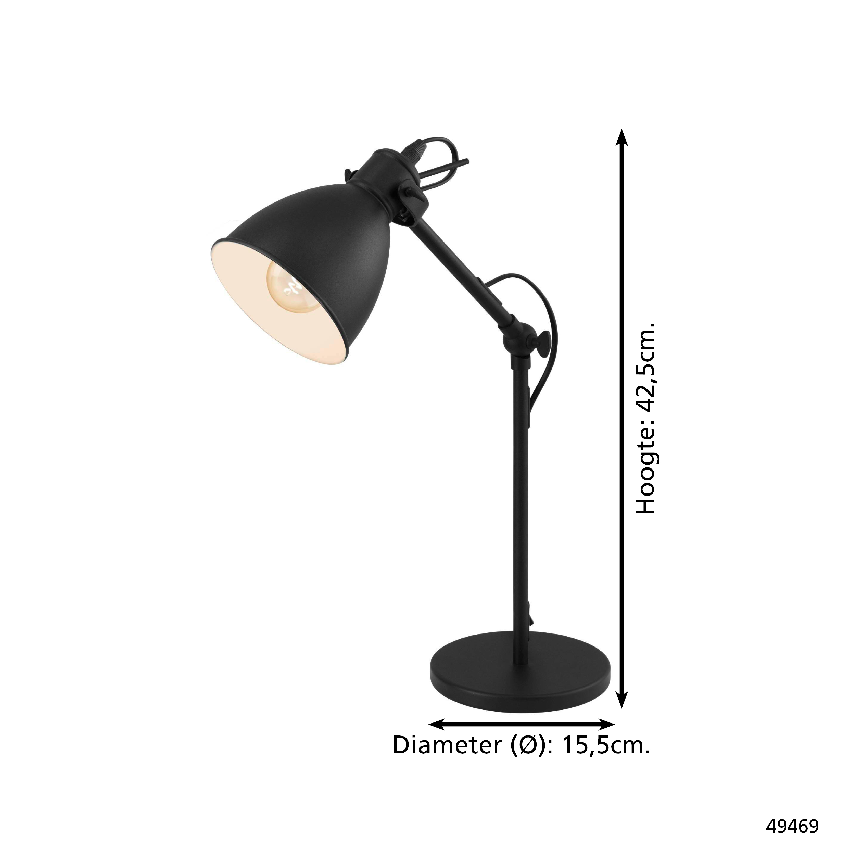 Czarna lampa biurkowa z okrągłą podstawą i regulowanym ramieniem. Wysokość 42,5 cm, średnica 15,5 cm.