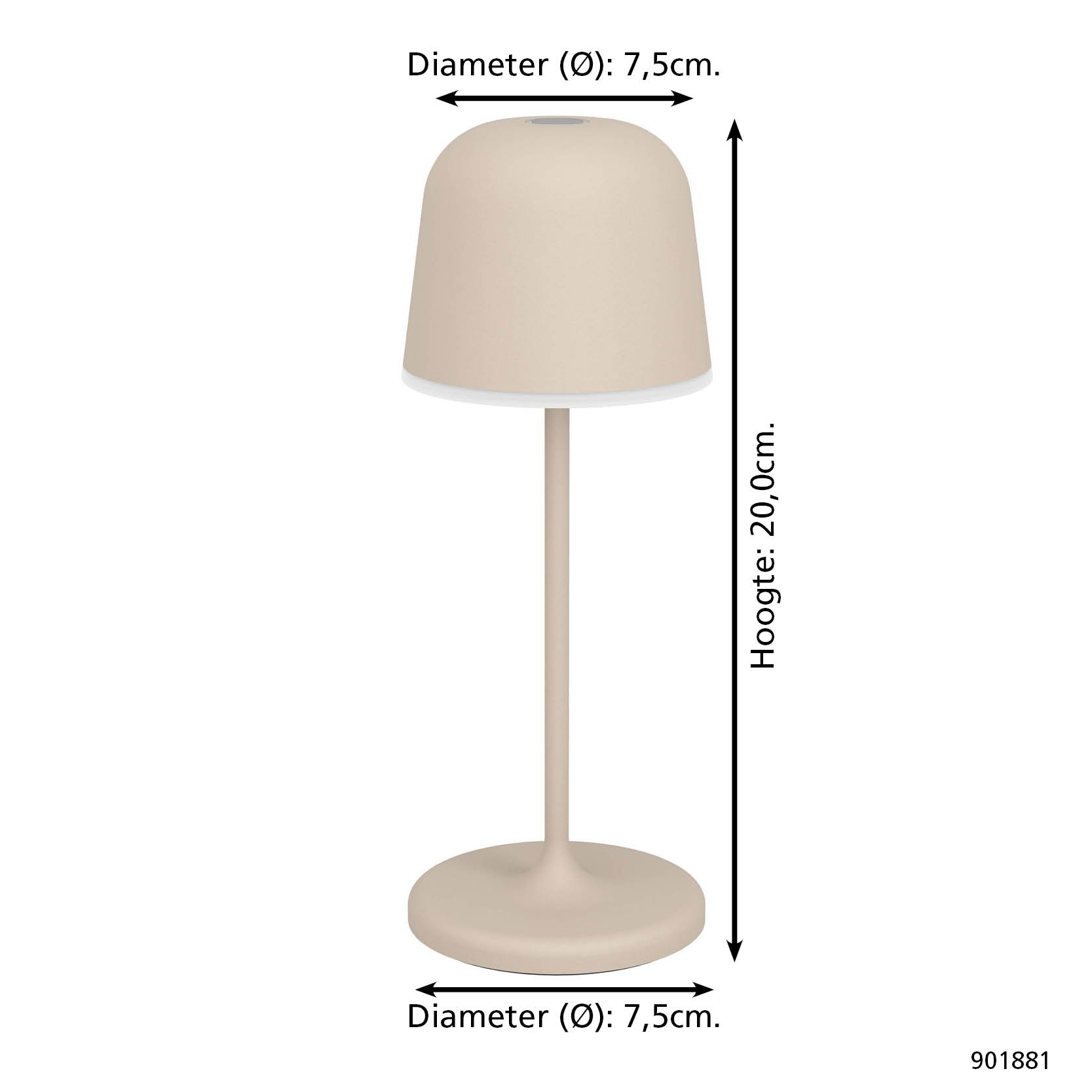 Eine beige Tischlampe mit rundem Sockel und kuppelförmigem Schirm. Abmessungen für Durchmesser und Höhe sind angegeben.