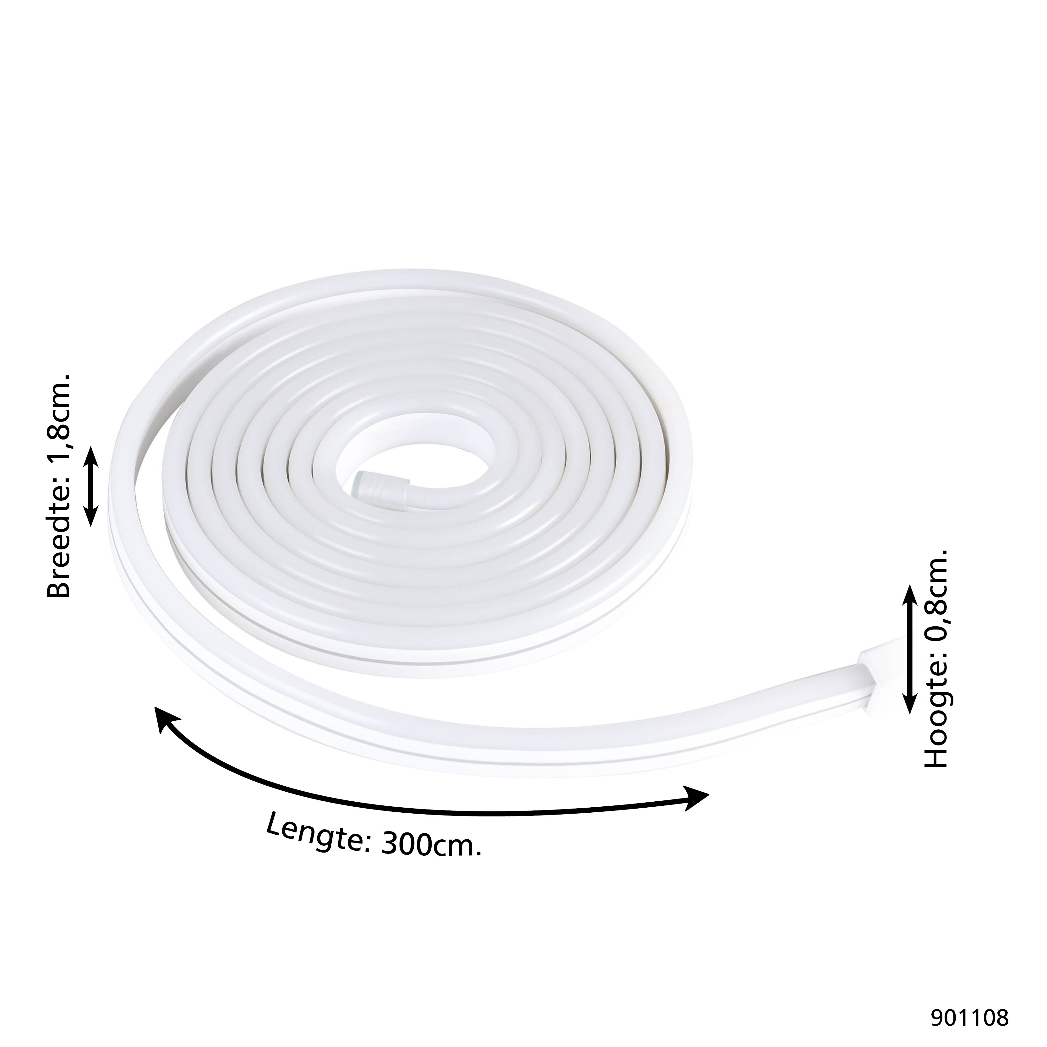 Ein weißes, aufgerolltes LED-Band mit niederländischen Abmessungen auf weißem Hintergrund. Die Länge beträgt 300 cm.