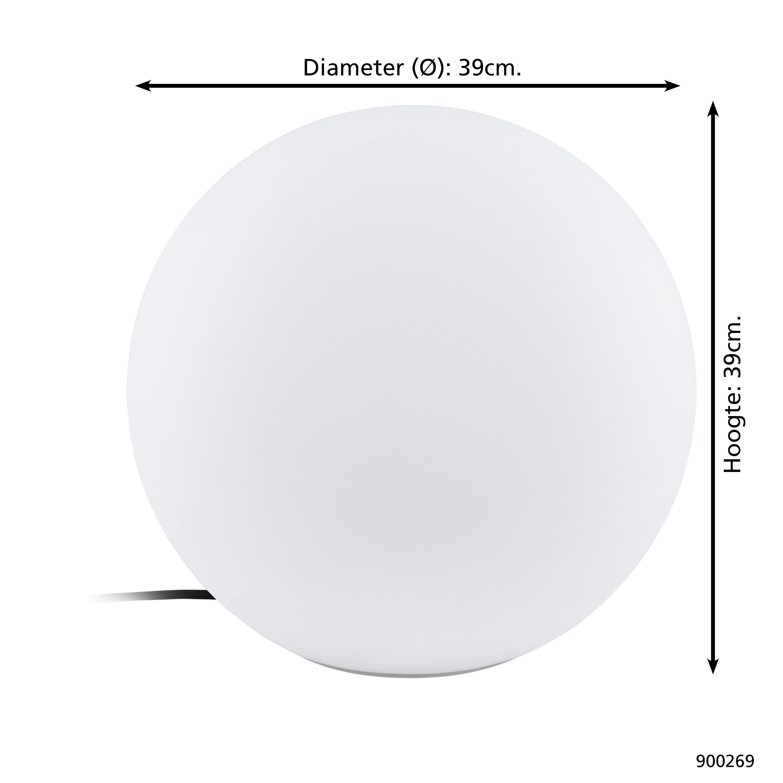Una sfera bianca con dimensioni di 39 cm di diametro e altezza. Frecce nere e testo descrivono le misure.
