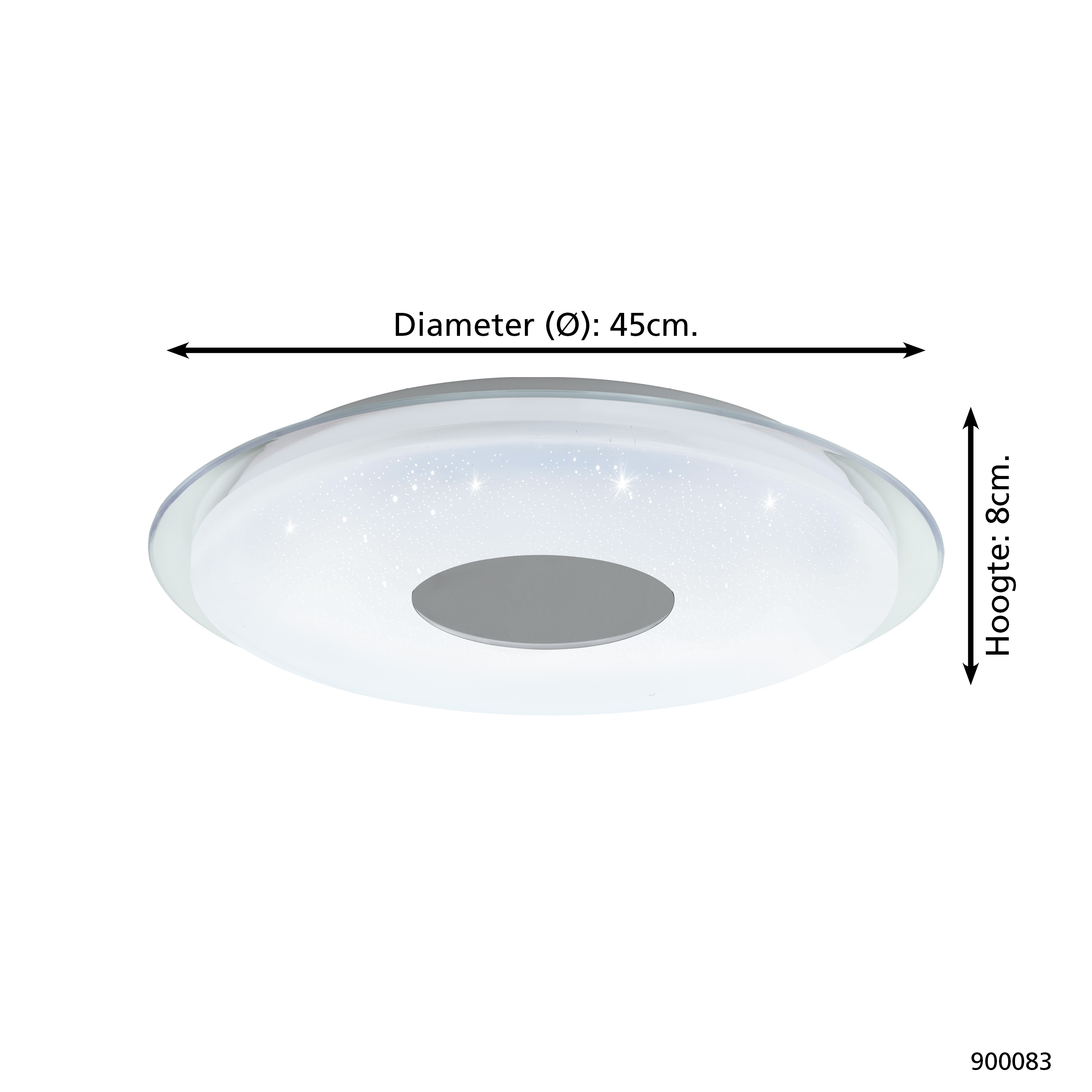 Eine weiße, runde Deckenleuchte mit grauem Zentrum. Sie hat einen Durchmesser von 45 cm und eine Höhe von 8 cm. Die Lampe ist auf weißem Hintergrund.