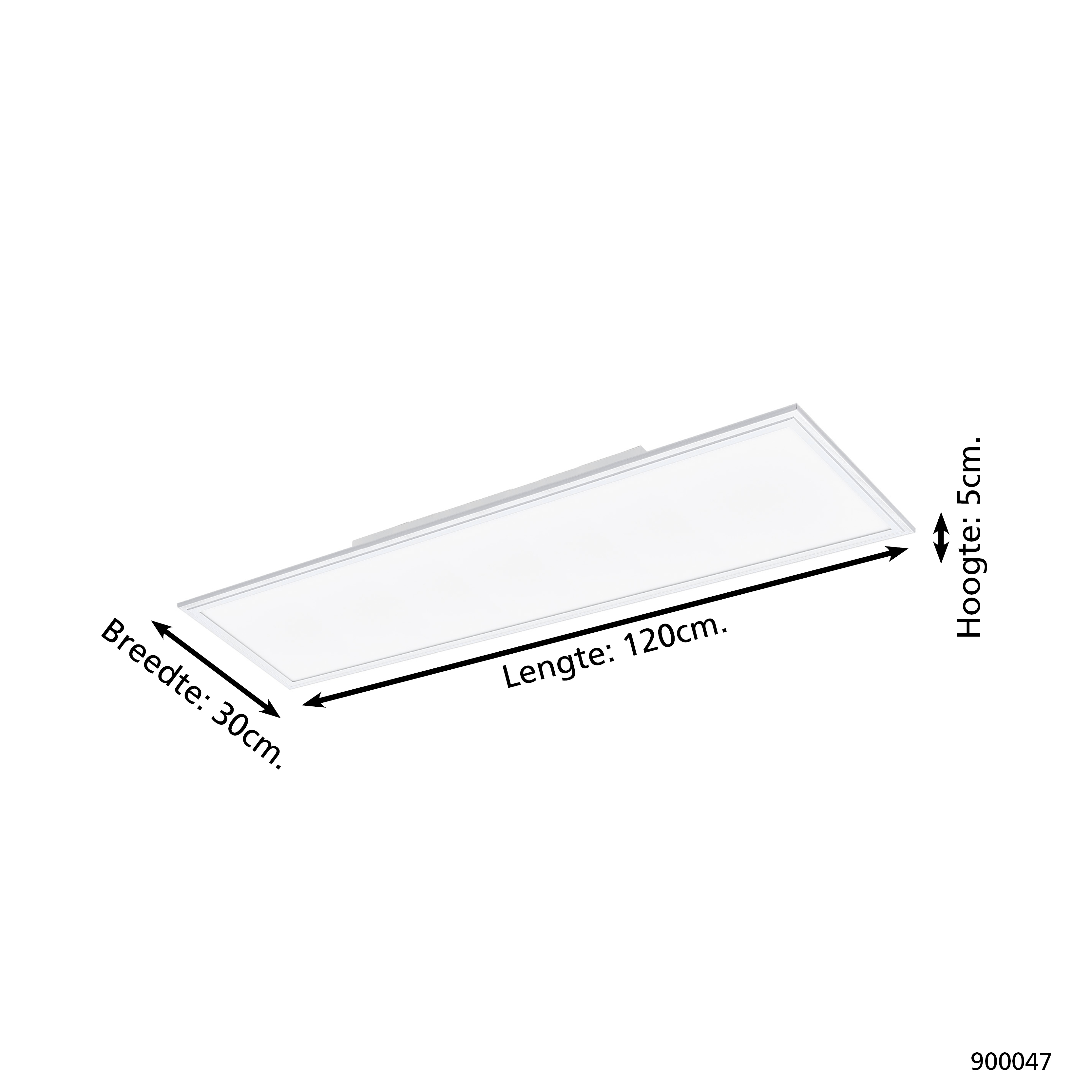 Un pannello LED bianco rettangolare con dimensioni etichettate. La larghezza è di 30 cm, la lunghezza di 120 cm e l'altezza di 5 cm.