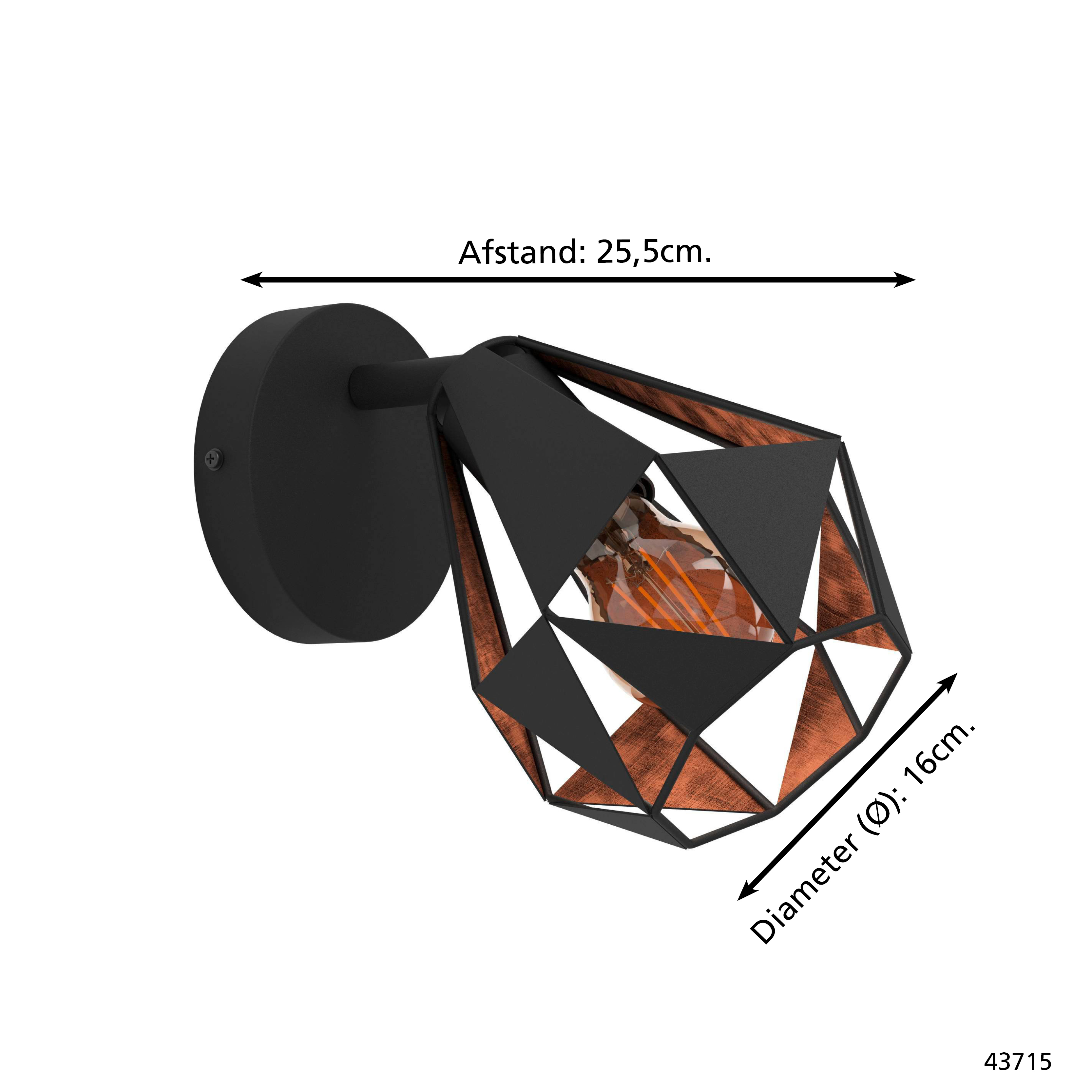 Una lámpara de pared negra con una pantalla geométrica. Se indican las dimensiones. Color cobre dentro de la pantalla.