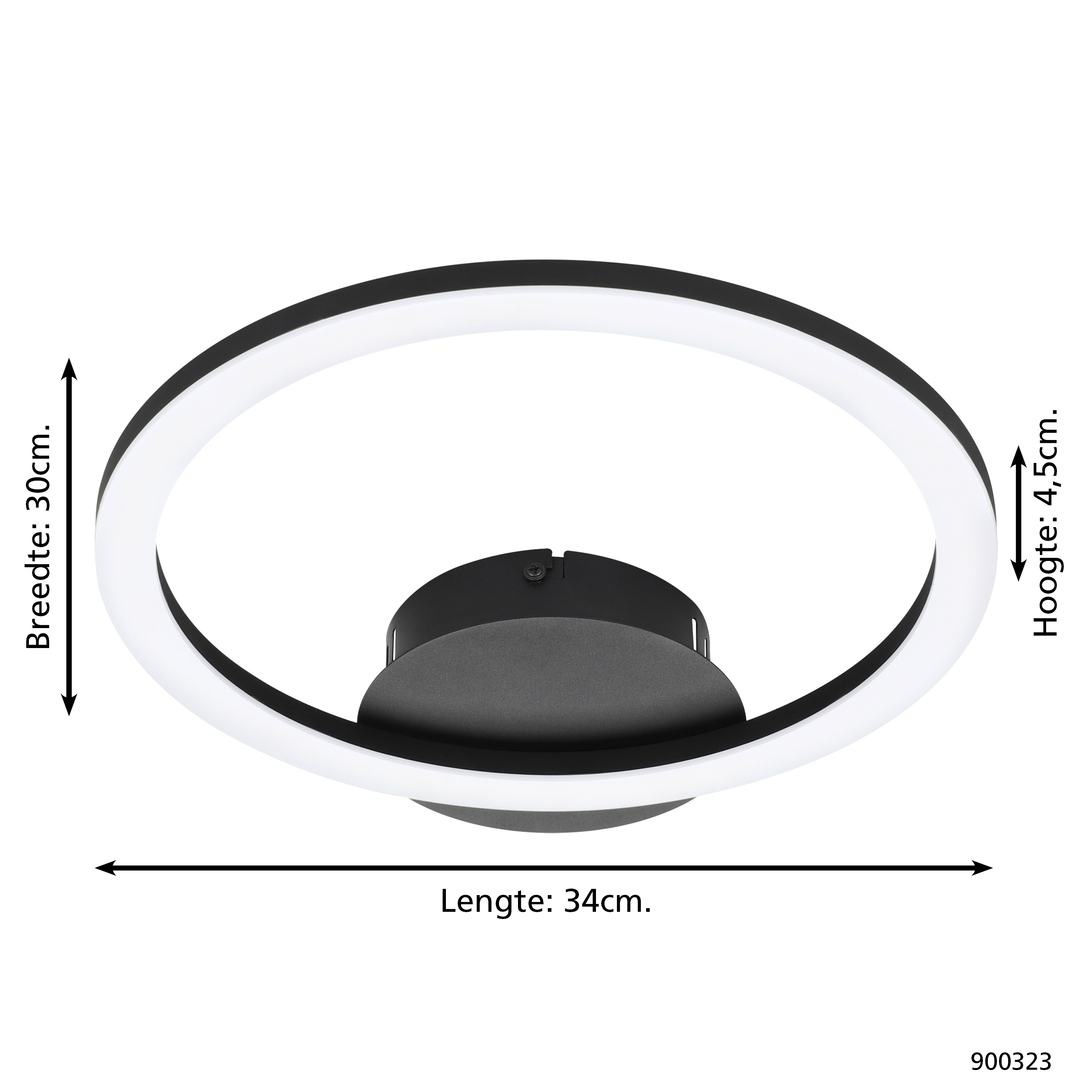 Una lampada da soffitto a LED circolare in bianco e nero. Dimensioni: larghezza 30 cm, altezza 4,5 cm e lunghezza 34 cm.