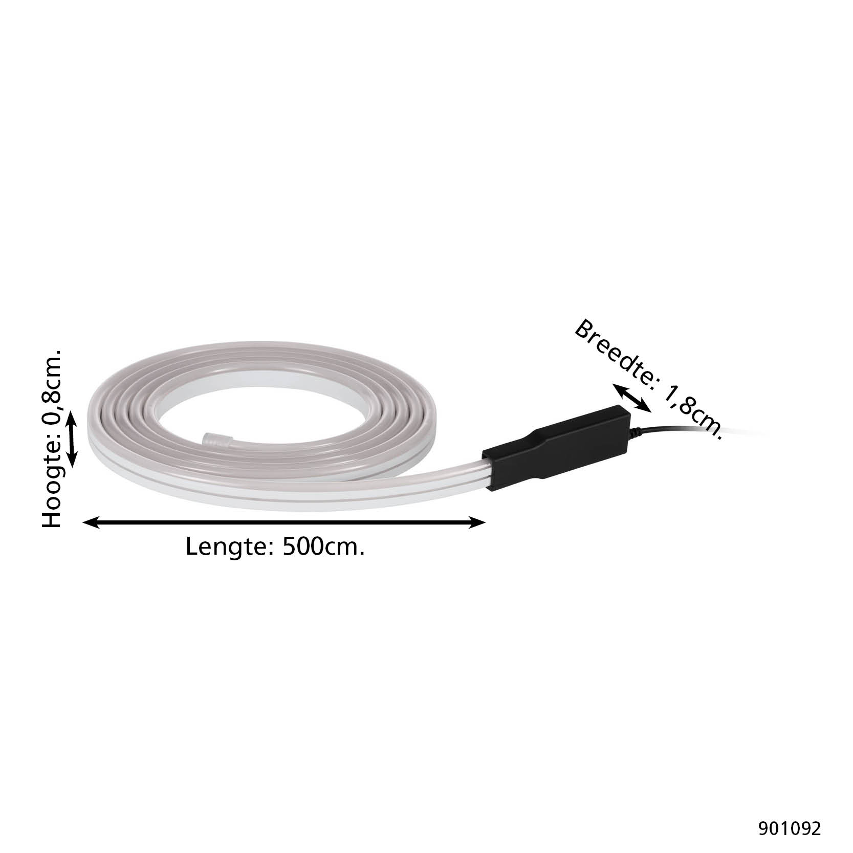 Eine aufgerollte graue LED-Leiste mit einem schwarzen Stecker. Abmessungen: 0,8 cm Höhe, 1,8 cm Breite und 500 cm Länge.