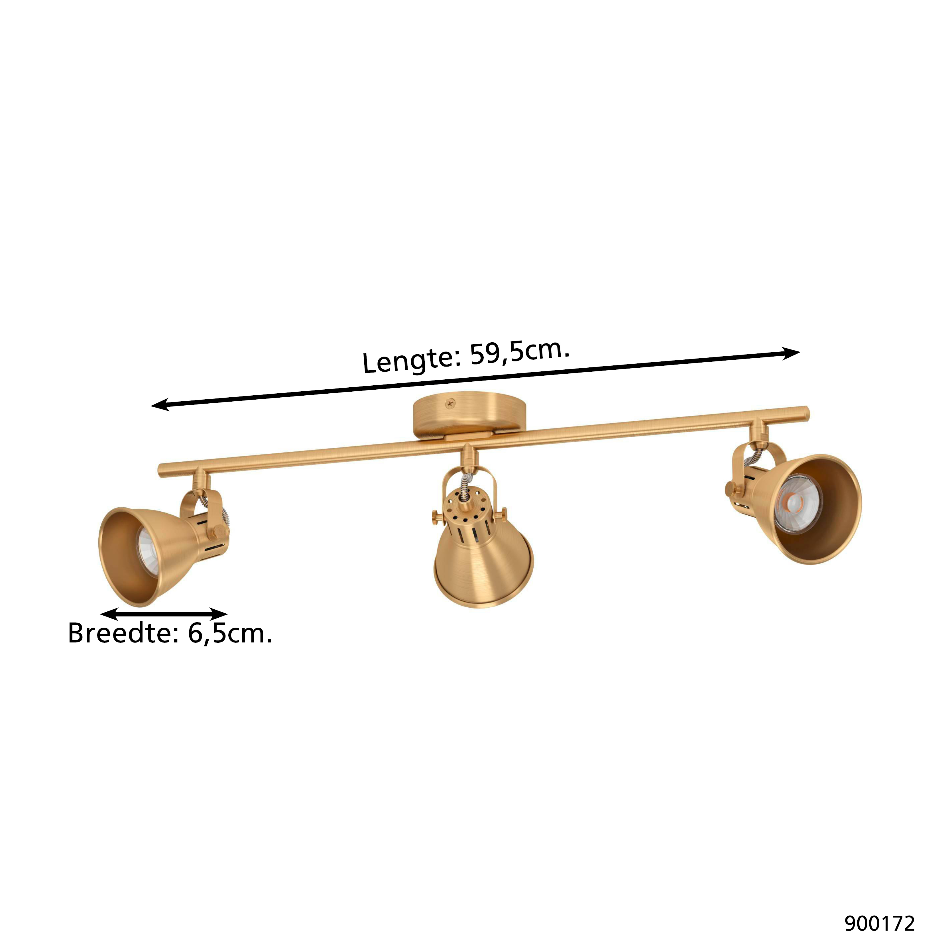 Un faretto color oro con tre luci regolabili. Le dimensioni sono indicate con testo.