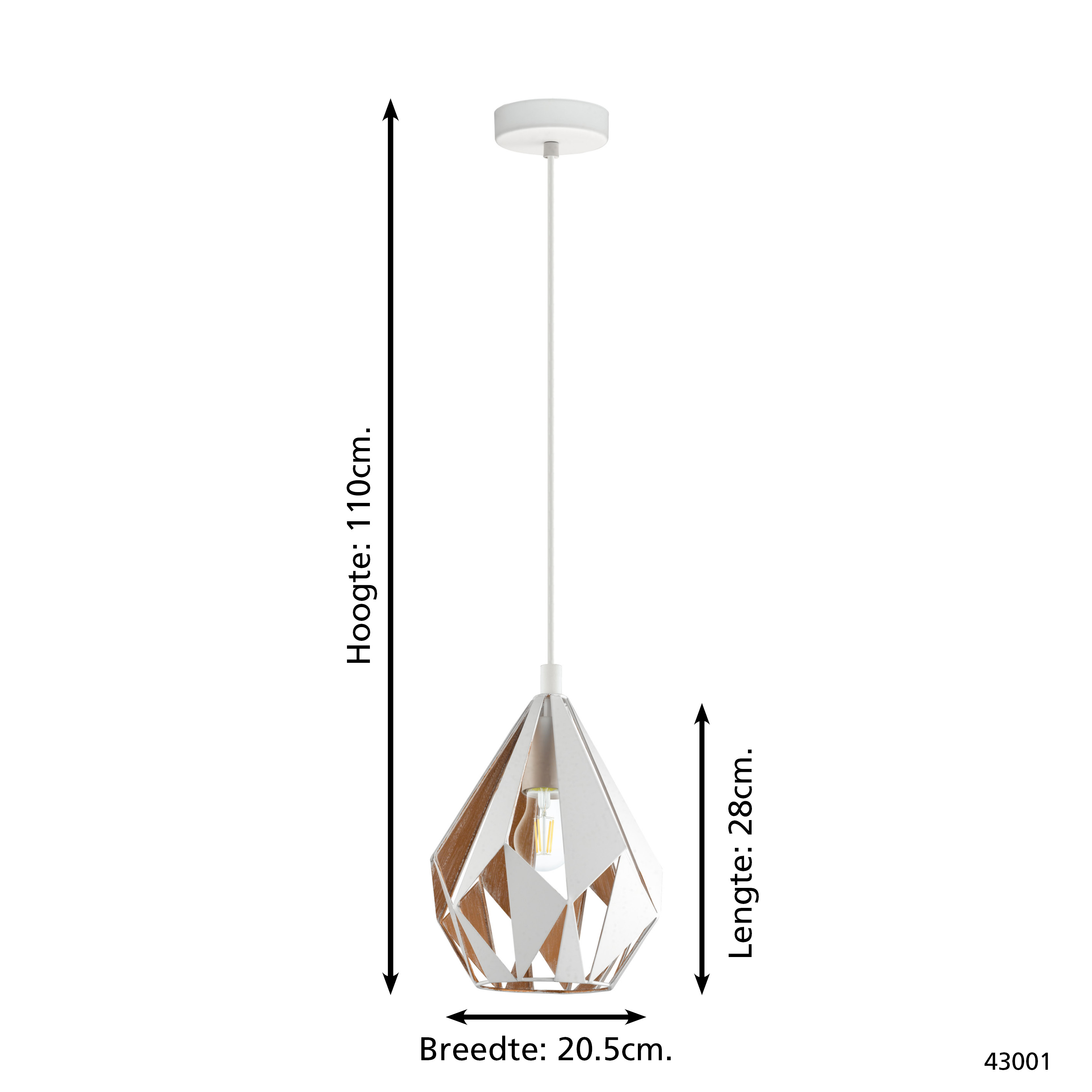 Una lampada a sospensione bianca e marrone, a forma di diamante, appesa al soffitto. Le dimensioni sono indicate. Lo sfondo è bianco.