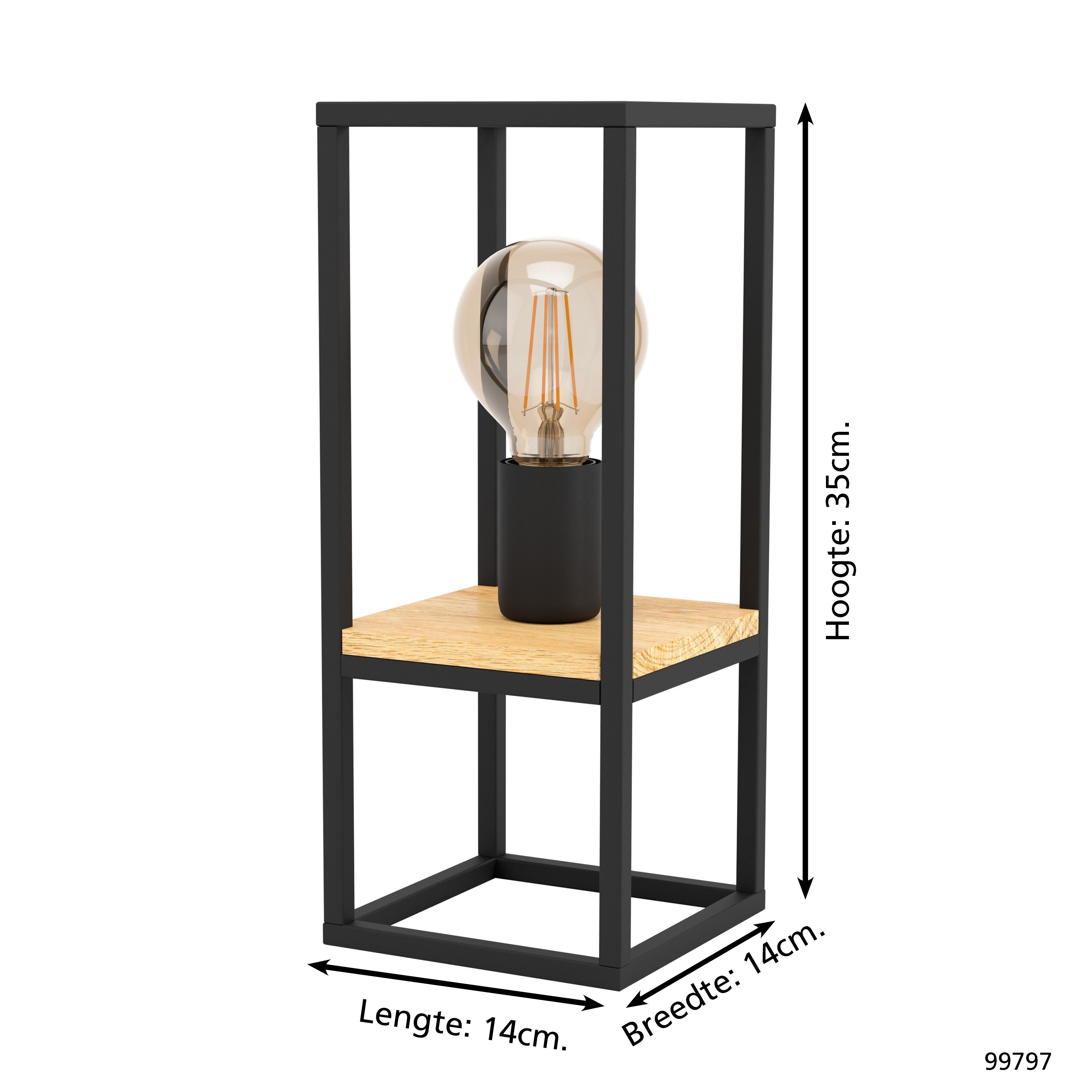 Eine schwarze Metalllampe mit einer Glühbirne. Sie hat ein Holzregal und beschriftete Abmessungen.