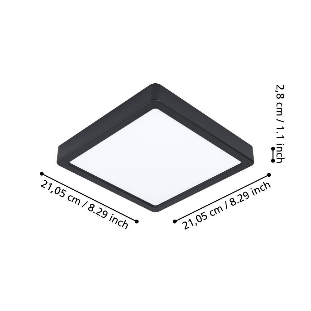 Una plafoniera quadrata con cornice nera e pannello interno bianco. Le dimensioni sono indicate sull'immagine, con misure in cm e pollici.