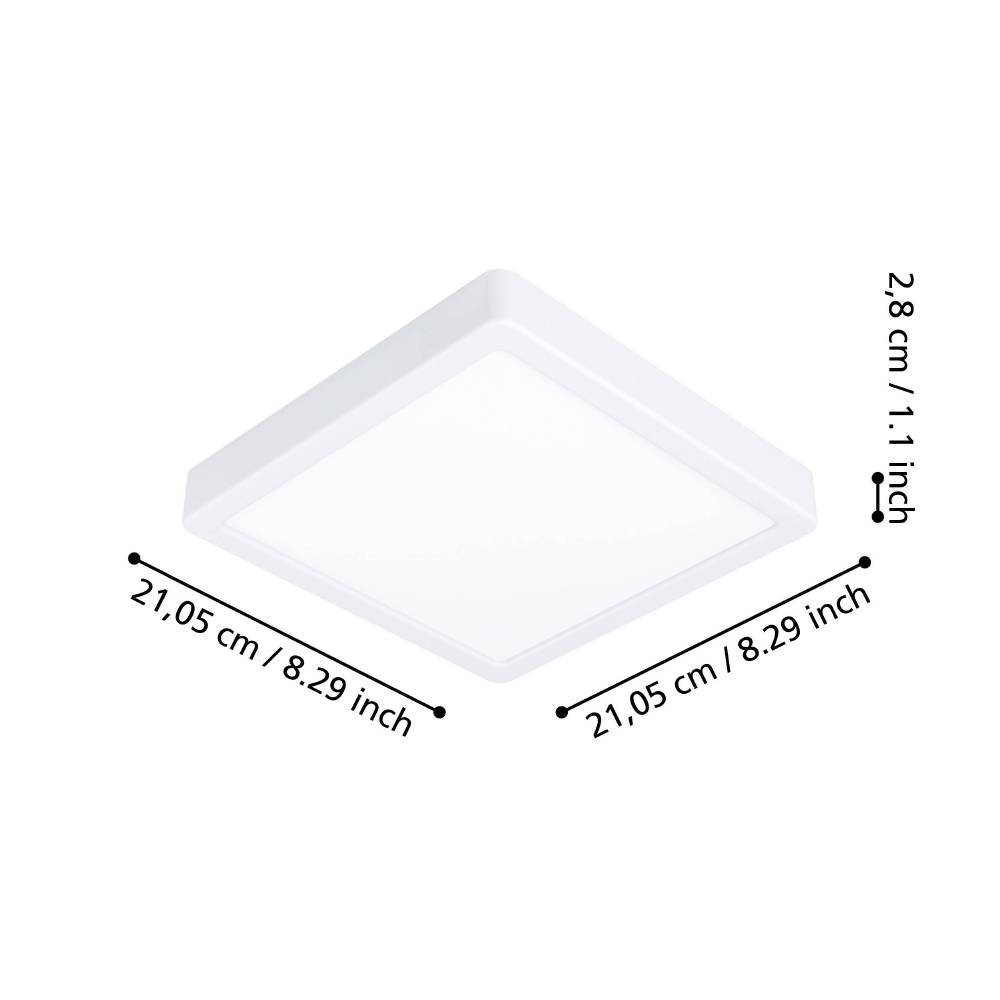 Gezeigt wird eine quadratische, weiße LED-Deckenleuchte. Abmessungen sind angegeben: 21,05 cm/8,29 Zoll, 2,8 cm/1,1 Zoll.