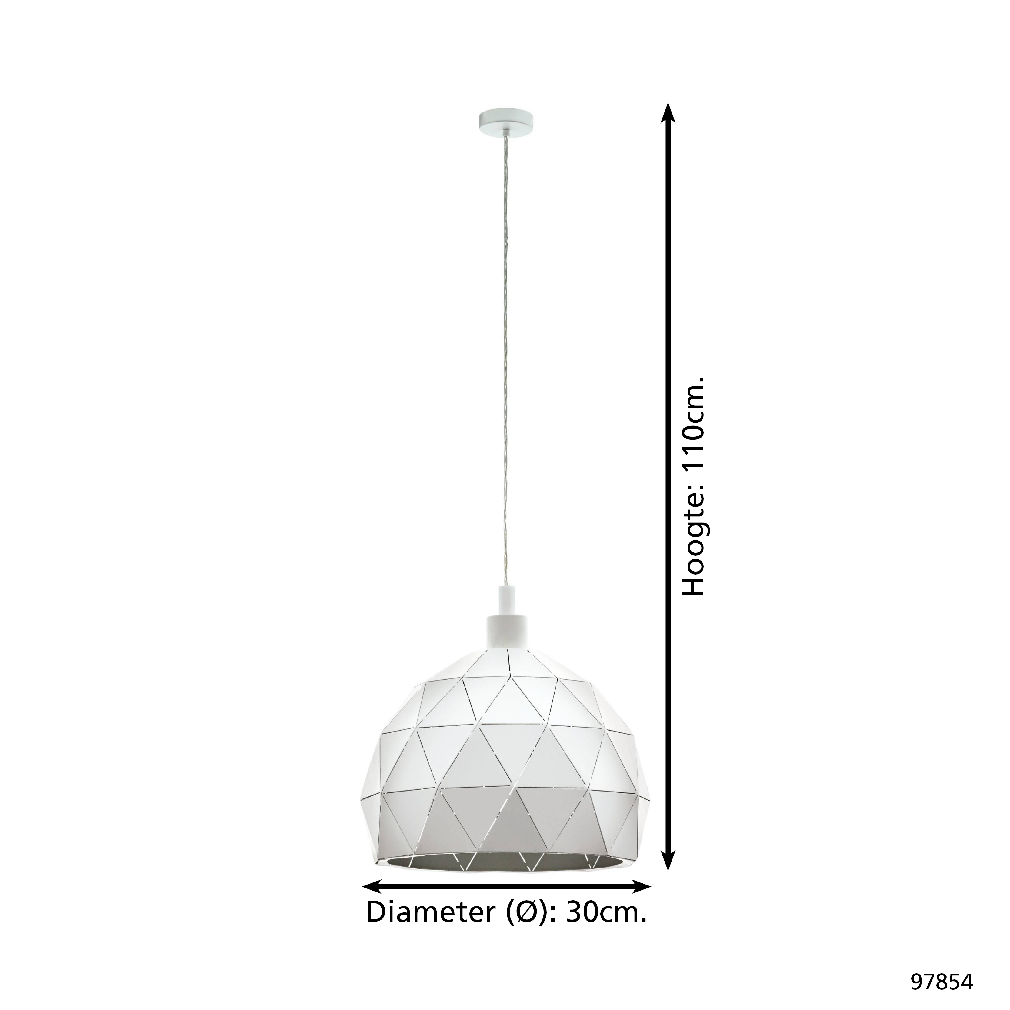 Una lámpara colgante geométrica blanca con cable plateado. Dimensiones: 110 cm de altura, 30 cm de diámetro.