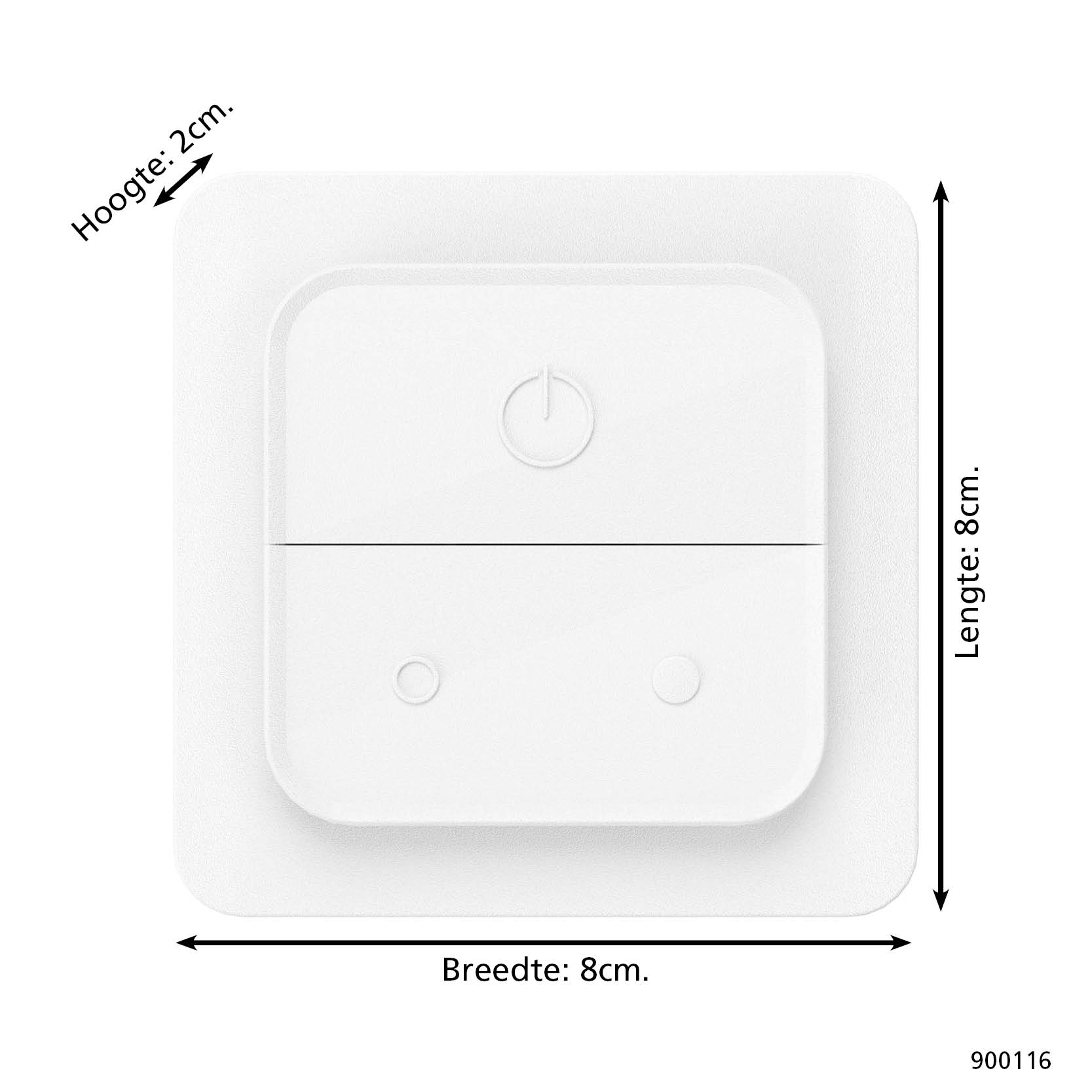 Un interruttore a parete bianco con simbolo di accensione, due piccoli cerchi e dimensioni in olandese.