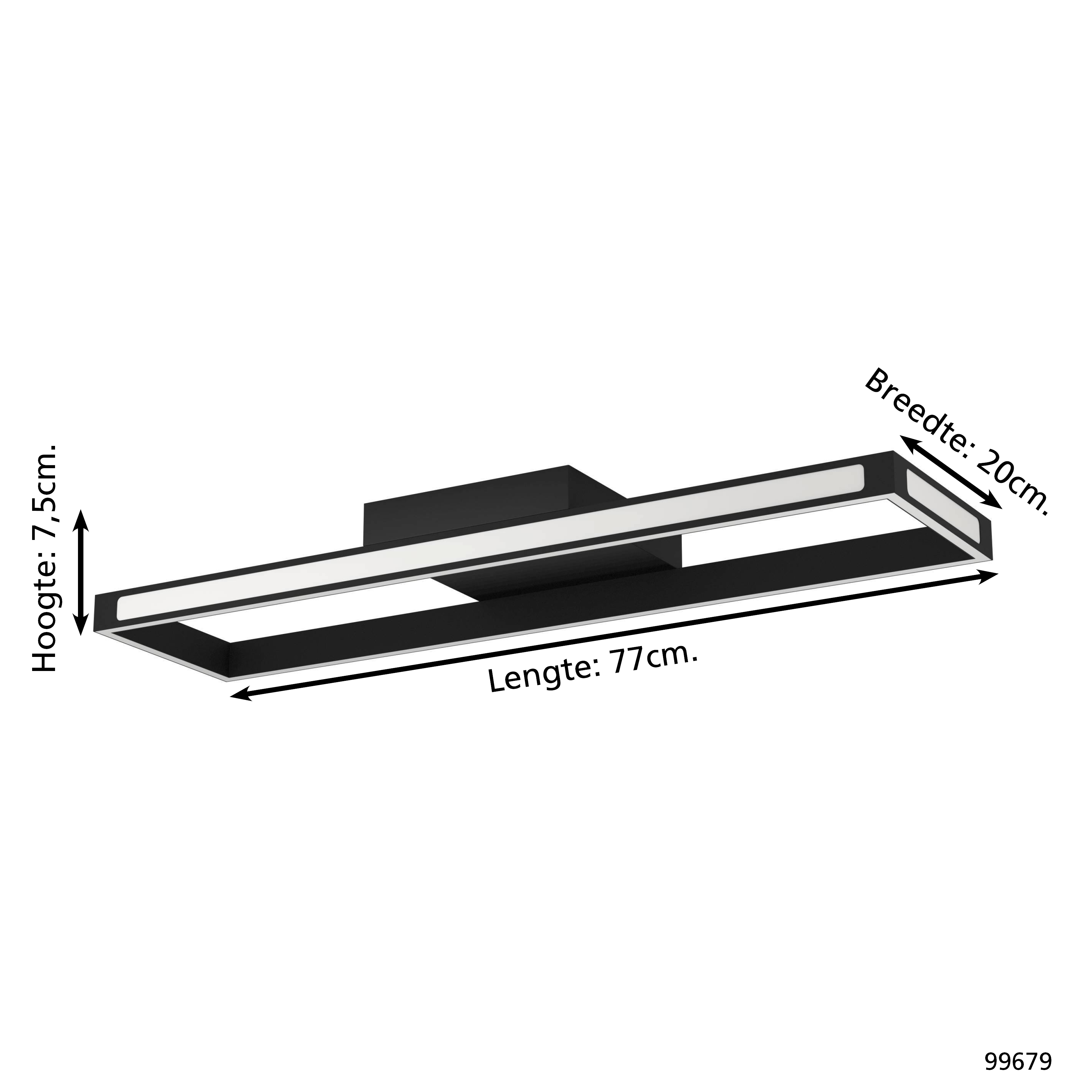 Rechteckige schwarz-weiße Deckenlampe. Abmessungen: Höhe 7,5 cm, Breite 20 cm, Länge 77 cm.